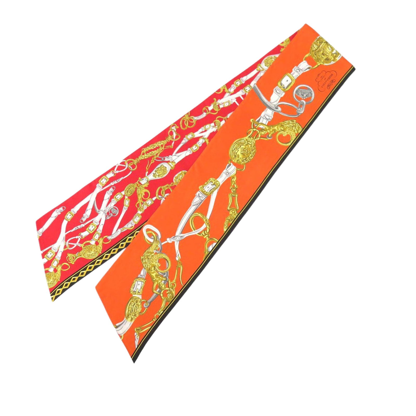 Hermes Maxi Brides de Gala Orange Silk Twilly Scarf France: Hermes Maxi Brides de Gala Orange Silk Twilly Scarf France This Hermes Maxi Brides de Gala Twilly scarf features a vibrant orange print on 100% silk. Crafted in France, this accessory is designed for 