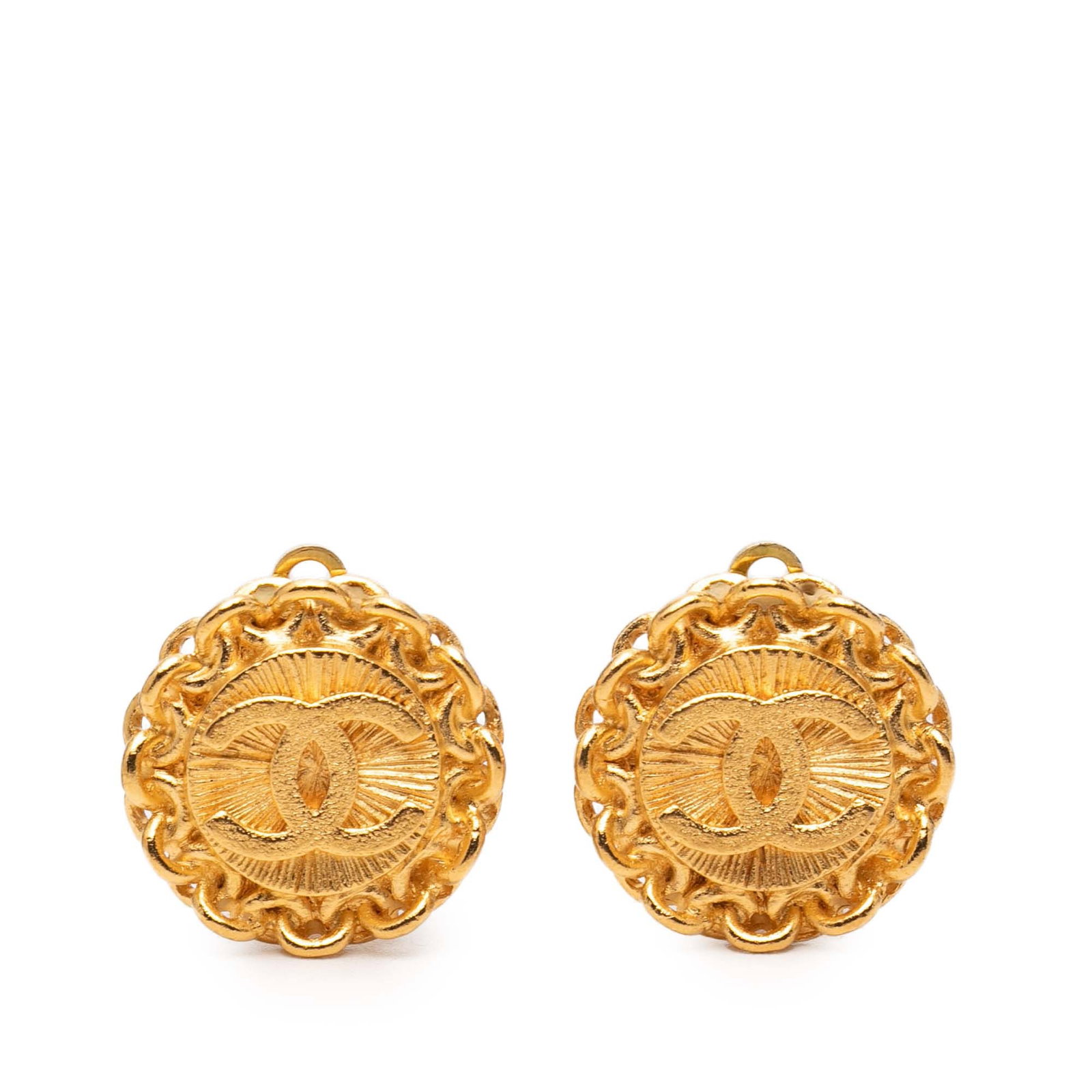 Chanel Round Gold Plated CC Clip Earrings: Chanel Round Gold Plated CC Clip Earrings These Chanel CC clip-on earrings feature a round design with a gold-plated metal body. Made in France, they are classified as costume jewelry and have a class