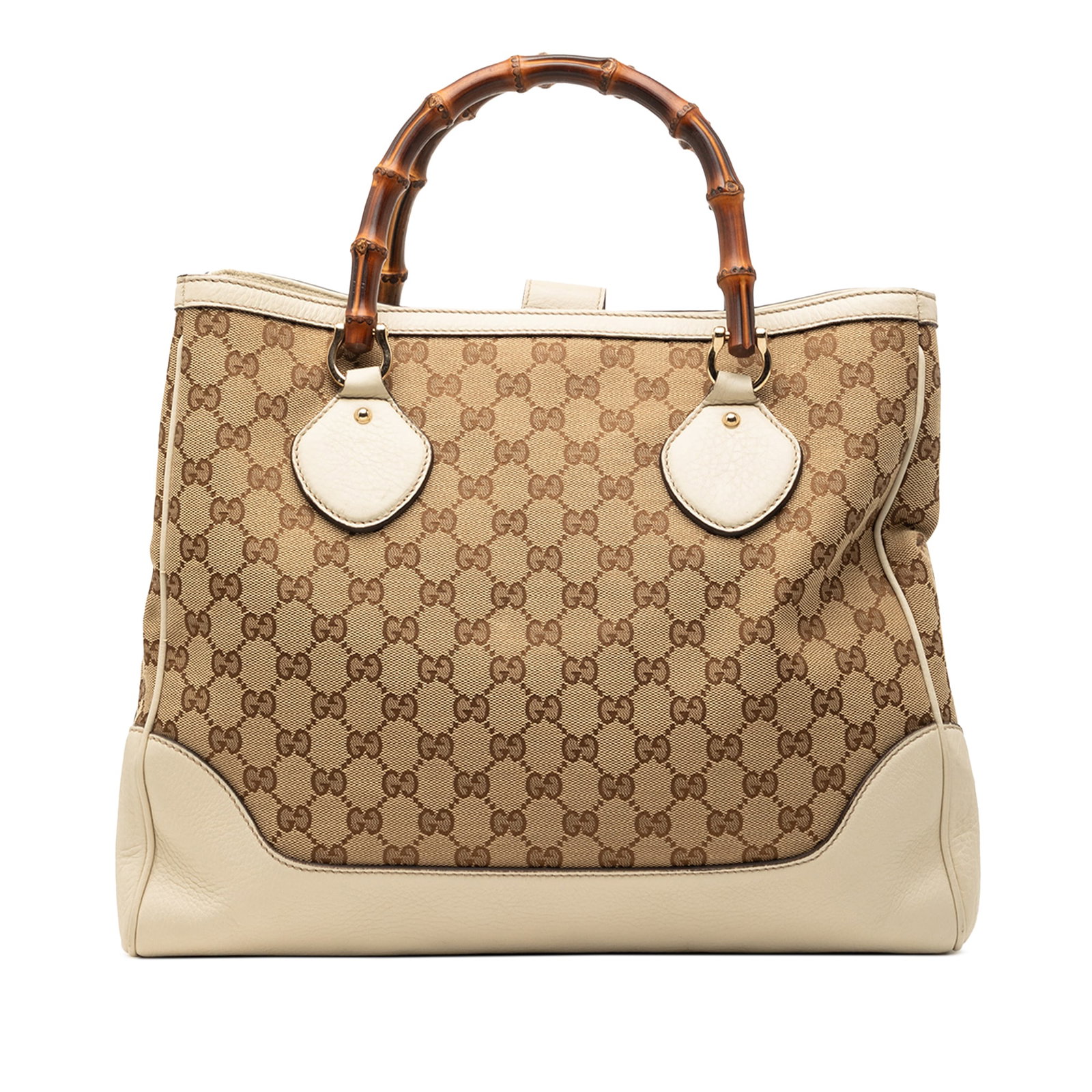 Gucci bamboo handle canvas tote bag GG Diana: Gucci bamboo handle canvas tote bag GG Diana This Gucci GG Canvas Bamboo Diana Tote features a canvas body with leather trim, distinctive bamboo top handles, and an open top with a snap closure. The i
