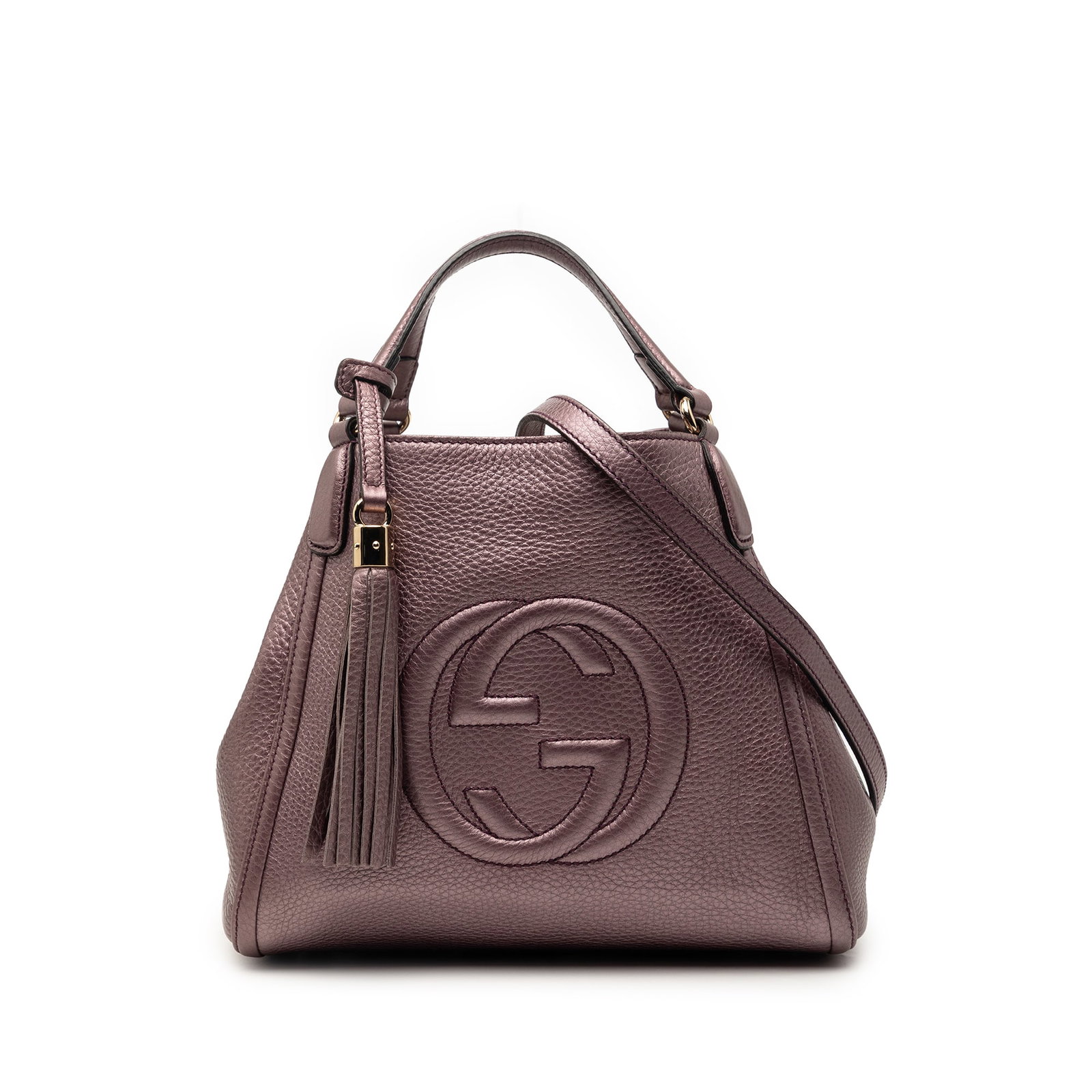 Purple Gucci Soho leather satchel with detachable strap: Purple Gucci Soho leather satchel with detachable strap This Gucci Small Calfskin Soho Satchel is crafted from purple leather and features flat leather handles, a detachable leather strap, an open top