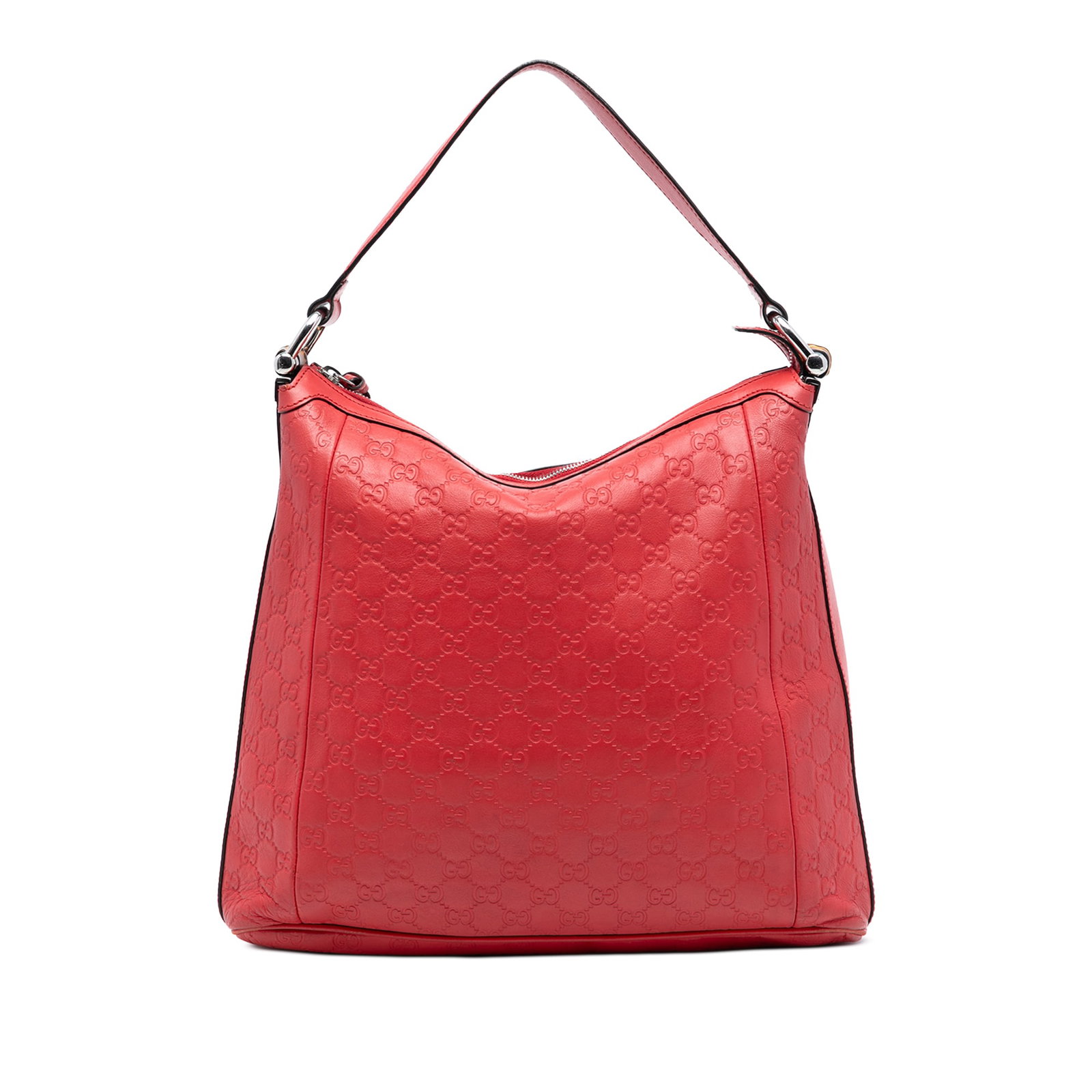 Gucci Guccissima Bamboo D Ring Red Embossed Leather Shoulder Bag: Gucci Guccissima Bamboo D Ring Red Embossed Leather Shoulder Bag This Gucci Guccissima Bamboo D Ring Hobo shoulder bag features an embossed red leather body, a flat shoulder strap, a top zip closure, 