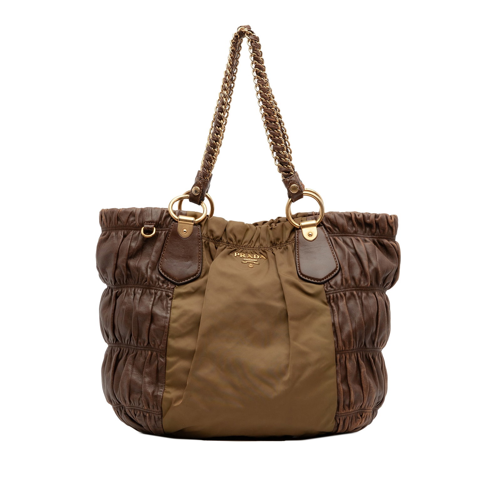 Prada Gaufre Tote Bag in Nylon and Nappa Leather Brown: Prada Gaufre Tote Bag in Nylon and Nappa Leather Brown This Prada Tessuto and Nappa Gaufre Tote features a combination of nylon and gathered nappa leather, complemented by leather-woven chain straps. 