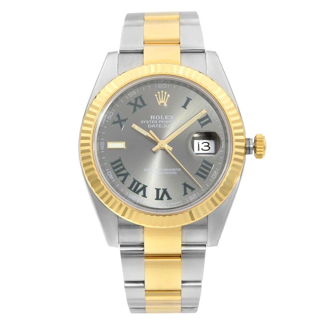 Rolex Datejust 41 Automatic 18K Gold Steel Slate Dial Watch 126333: Rolex Datejust 41 Automatic 18K Gold Steel Slate Dial Watch 126333 This luxurious Rolex Datejust 41 wristwatch features a stunning slate Wimbledon dial and is crafted from a combination of 18K gold an
