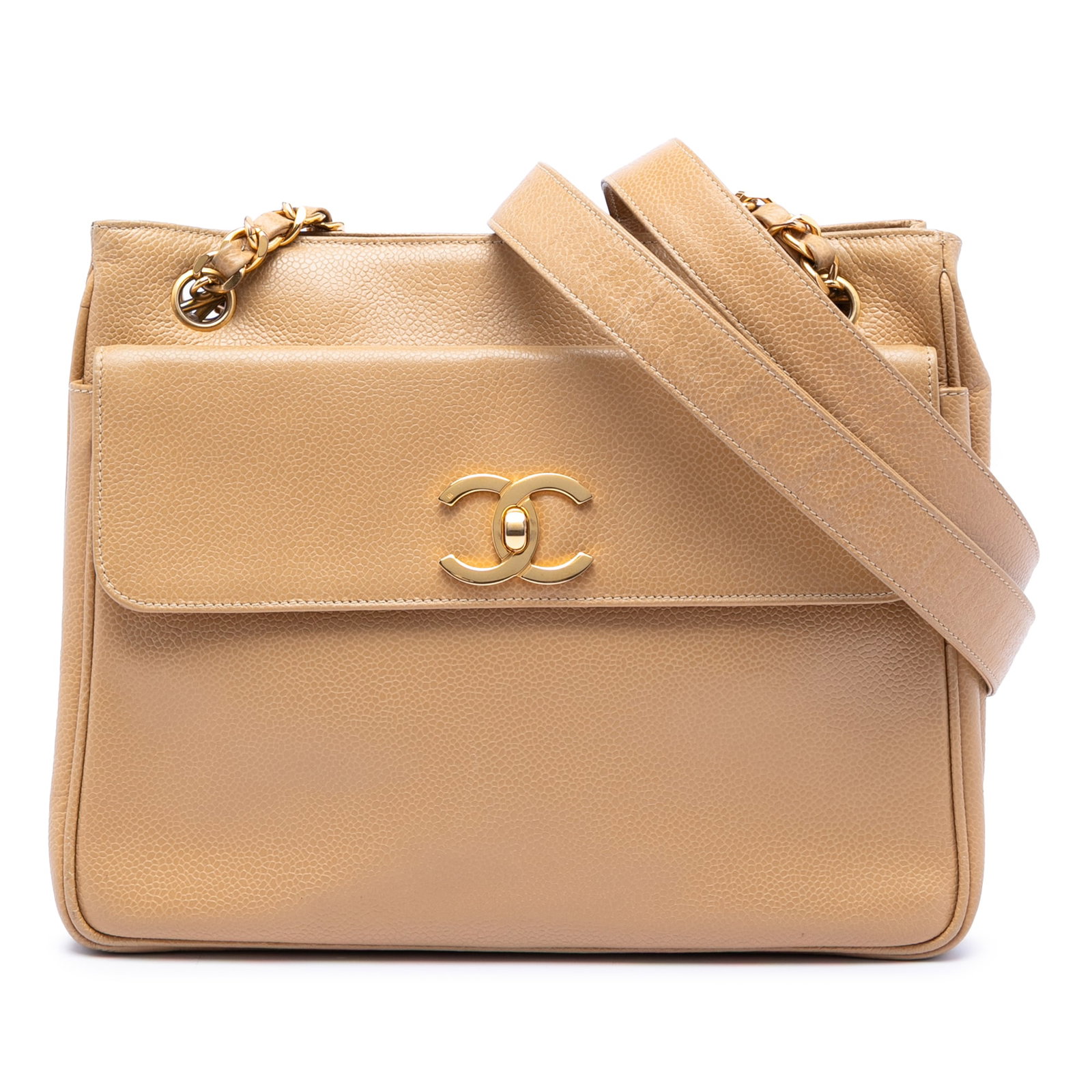 Chanel beige caviar leather chain shoulder bag with front pocket: Chanel beige caviar leather chain shoulder bag with front pocket This Chanel CC Caviar Front Pocket Chain Shoulder Bag is crafted from beige caviar leather, featuring gold-tone chain and leather strap