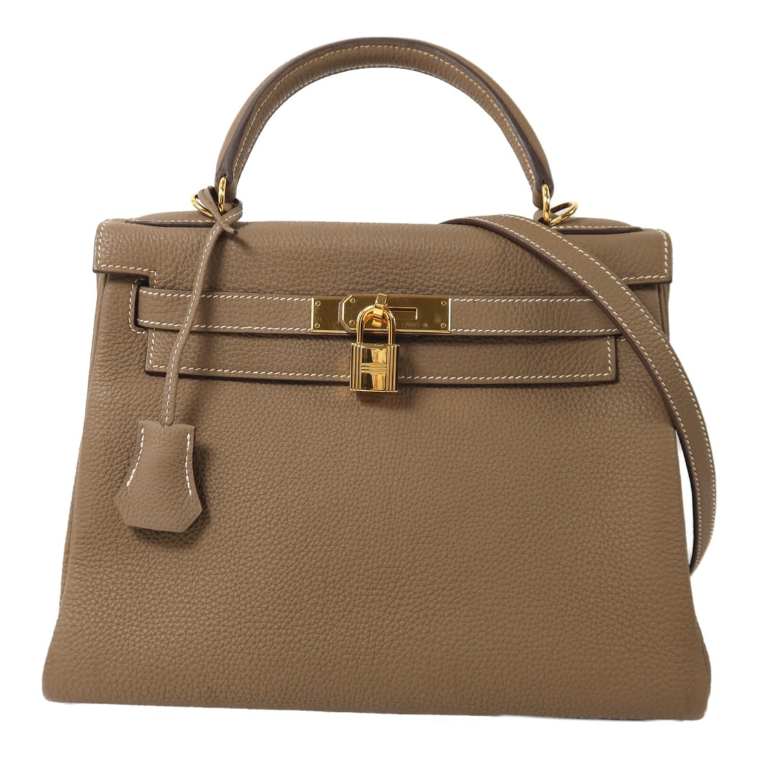 Hermes Kelly 28 Etoupe Togo Leather Shoulder Handbag with Gold Hardware: Hermes Kelly 28 Etoupe Togo Leather Shoulder Handbag with Gold Hardware This Hermes Kelly 28 is a two-way shoulder bag crafted from Togo calfskin leather in an elegant gray shade. The bag features gol