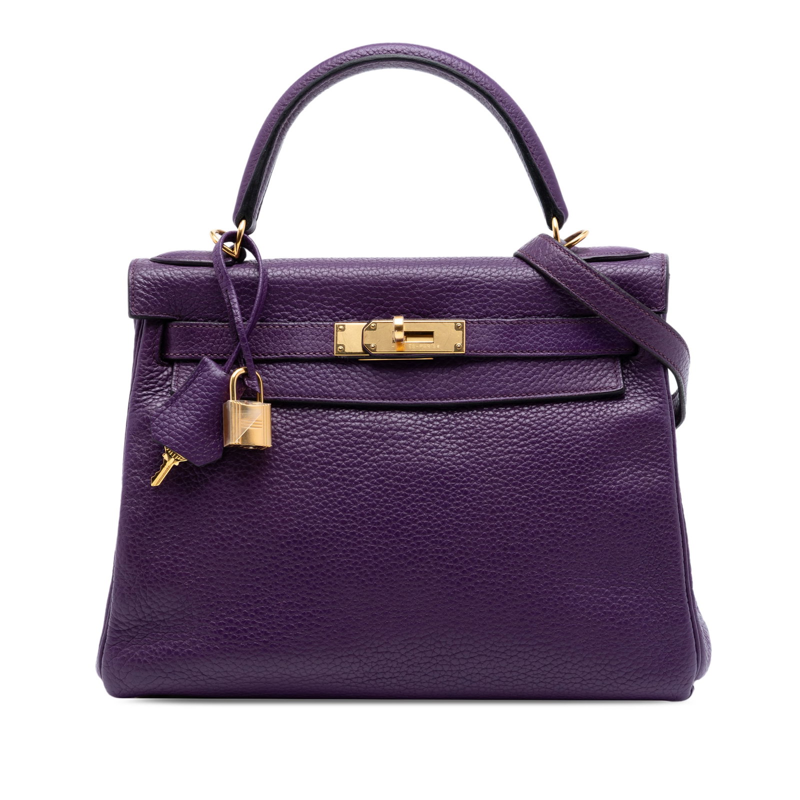 Hermes Kelly II Retourne 28 Violine Taurillon Clemence Leather Bag: Hermes Kelly II Retourne 28 Violine Taurillon Clemence Leather Bag This Hermes Kelly II Retourne 28 is crafted from Taurillon Clemence leather in a rich Violine (purple) shade. It features a flat leat