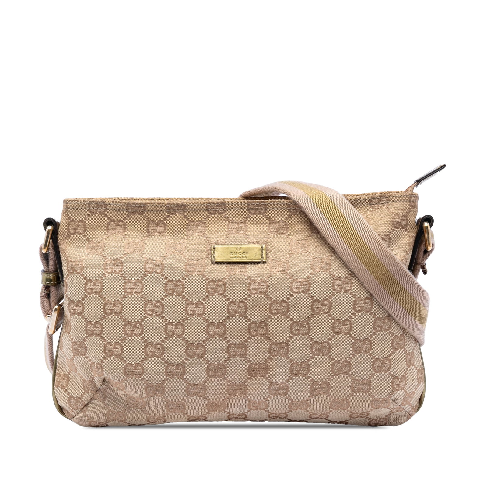 Gucci beige canvas crossbody bag GG Web: Gucci beige canvas crossbody bag GG Web This Gucci GG Canvas Web Crossbody bag showcases a beige canvas body with leather trim and an adjustable web canvas strap. It features a top zip closure, along 