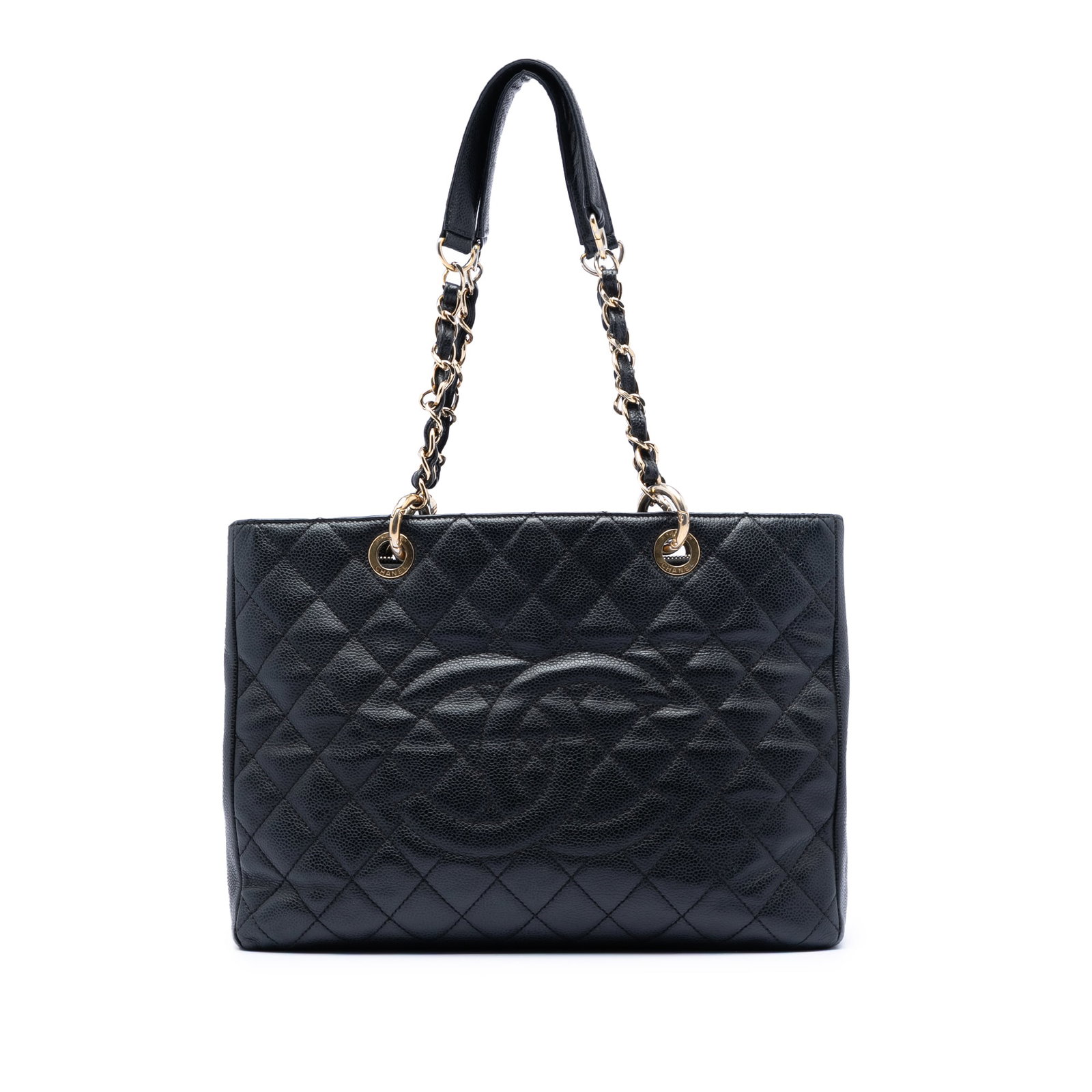 Black Caviar Leather Grand Shopping Tote with Quilted Design by Chanel: Black Caviar Leather Grand Shopping Tote with Quilted Design by Chanel This Chanel Grand Shopping Tote features a quilted Caviar leather body in black, complemented by leather-woven chain shoulder str