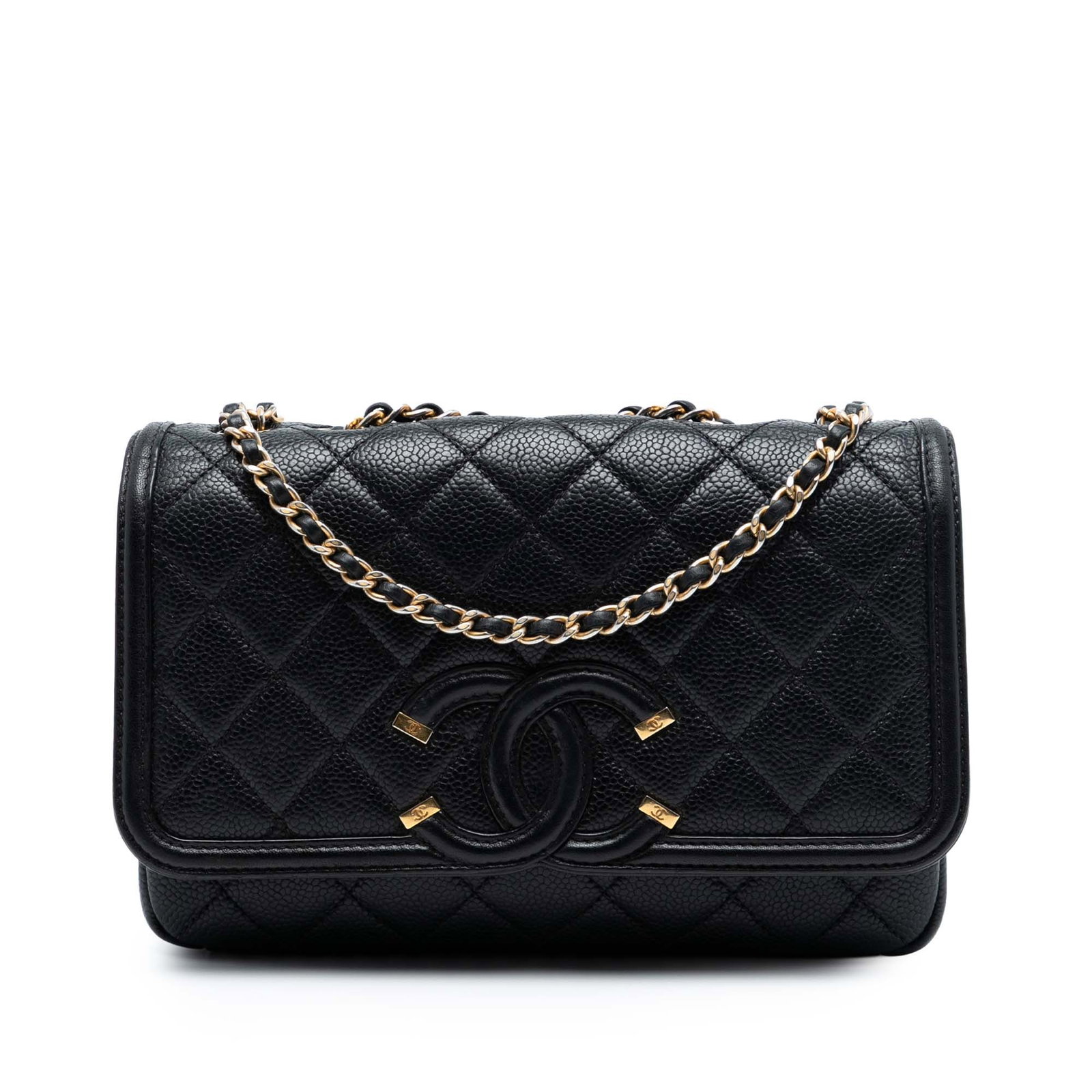 Black Leather Chanel Small Filigree Flap Bag with Quilted Caviar Finish: Black Leather Chanel Small Filigree Flap Bag with Quilted Caviar Finish This Chanel Small Quilted Caviar CC Filigree Flap bag features a quilted caviar leather body in black, a leather-woven chain sho