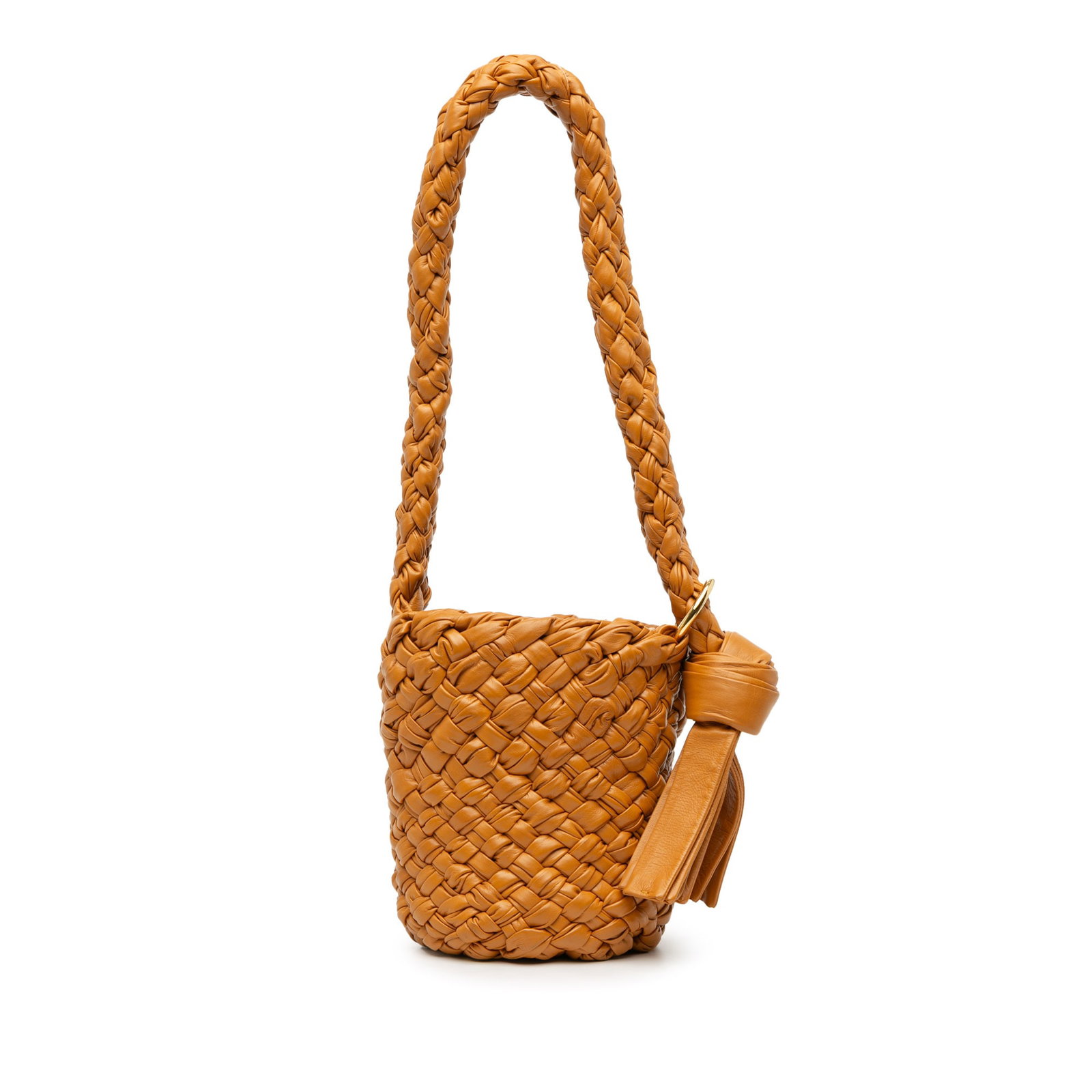 Bottega Veneta Small Intreccio Kalimero Bucket Bag Brown Leather: Bottega Veneta Small Intreccio Kalimero Bucket Bag Brown Leather Introducing the exquisite Bottega Veneta Small Calfskin Intreccio Kalimero Bucket Bag, a perfect blend of elegance and functionality. T