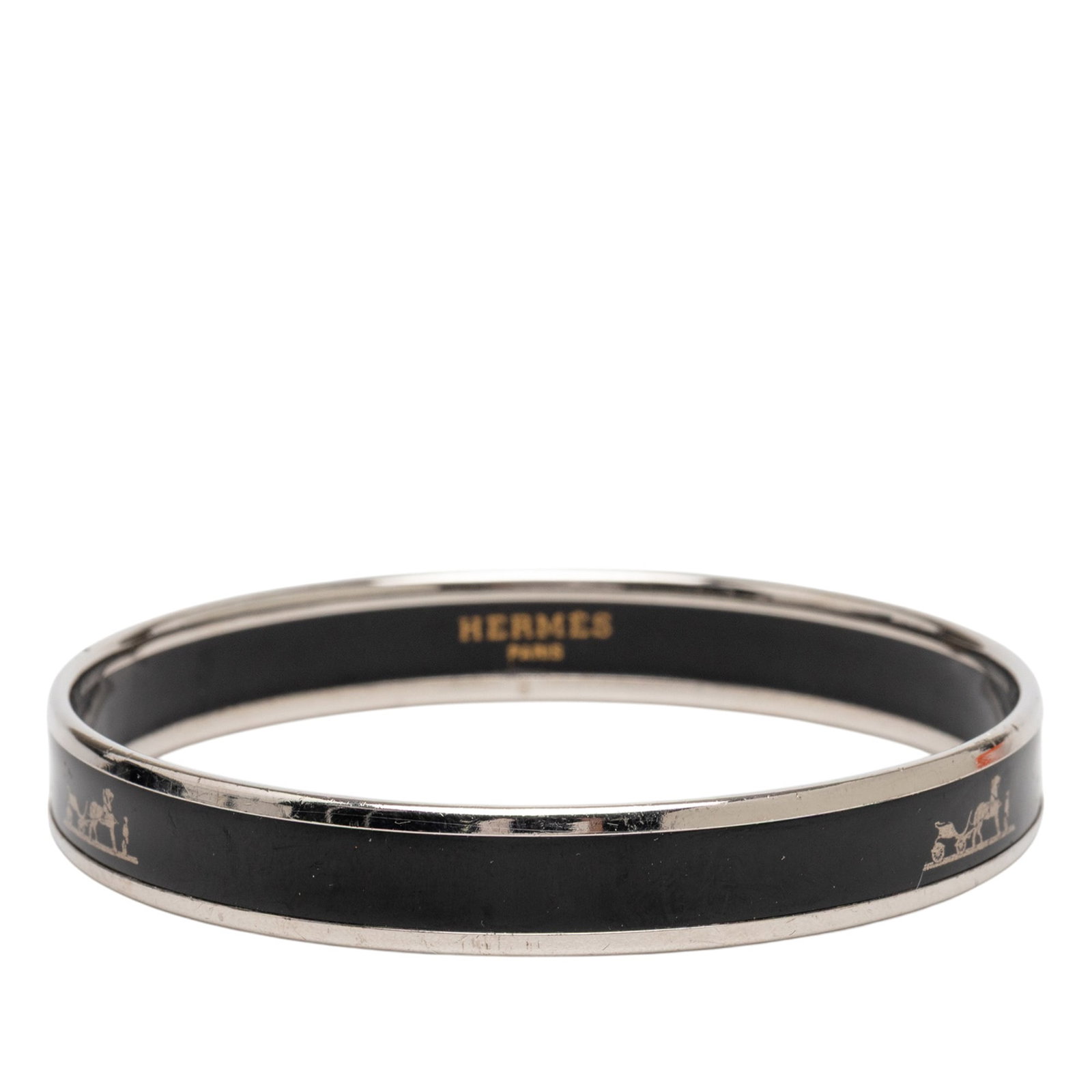 Hermes Calech Narrow Black Enamel Bangle Bracelet Size 65: Hermes Calech Narrow Black Enamel Bangle Bracelet Size 65 This Hermes Narrow Enamel Caleche Bangle Bracelet features a printed enamel design with a silver-tone body and a black colorway. The bracelet 