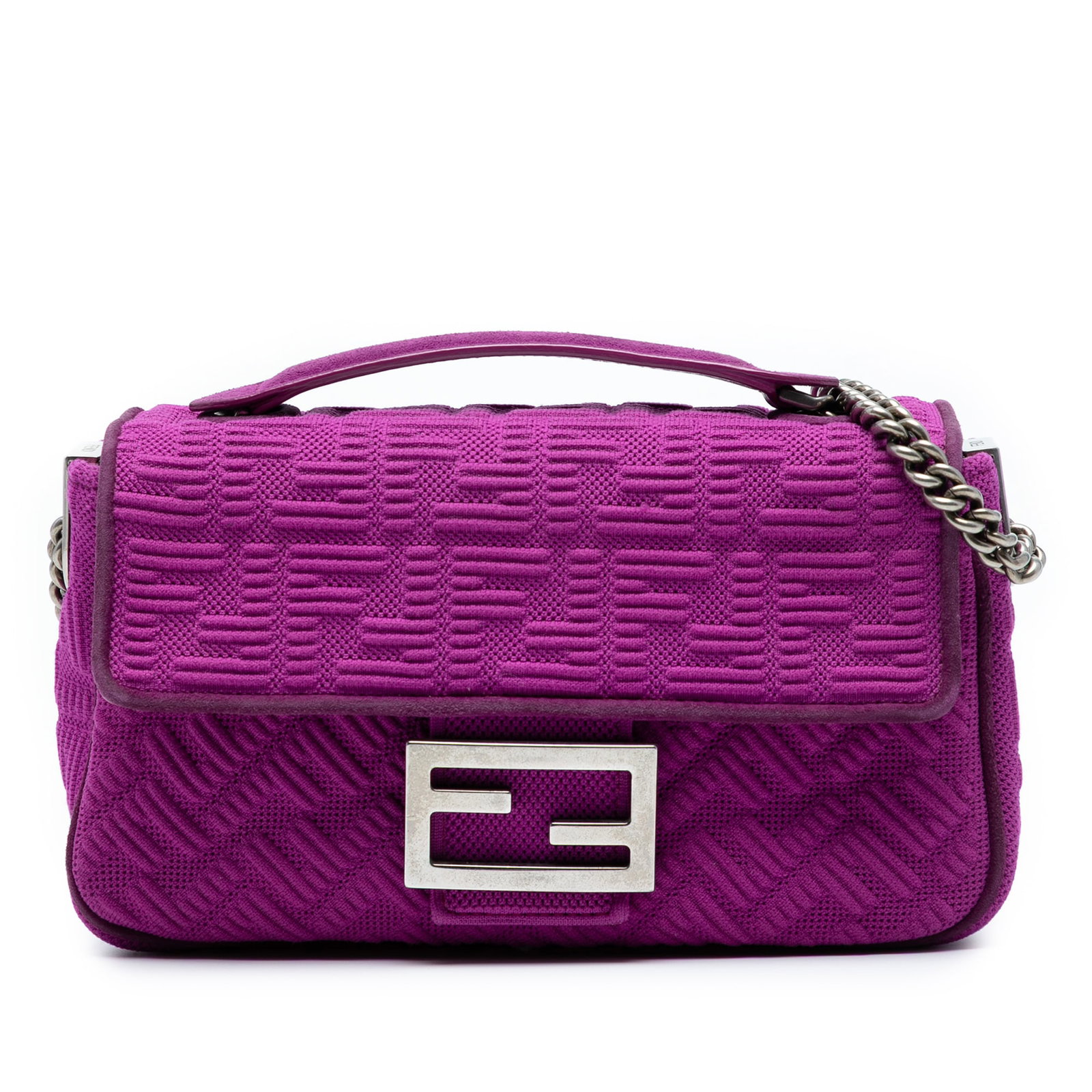 Fendi Zucca Chain Midi Baguette Purple Fabric Shoulder Bag: Fendi Zucca Chain Midi Baguette Purple Fabric Shoulder Bag This stylish Fendi shoulder bag features a distinctive Zucca embossed technical fabric body, complemented by chain link shoulder straps with 