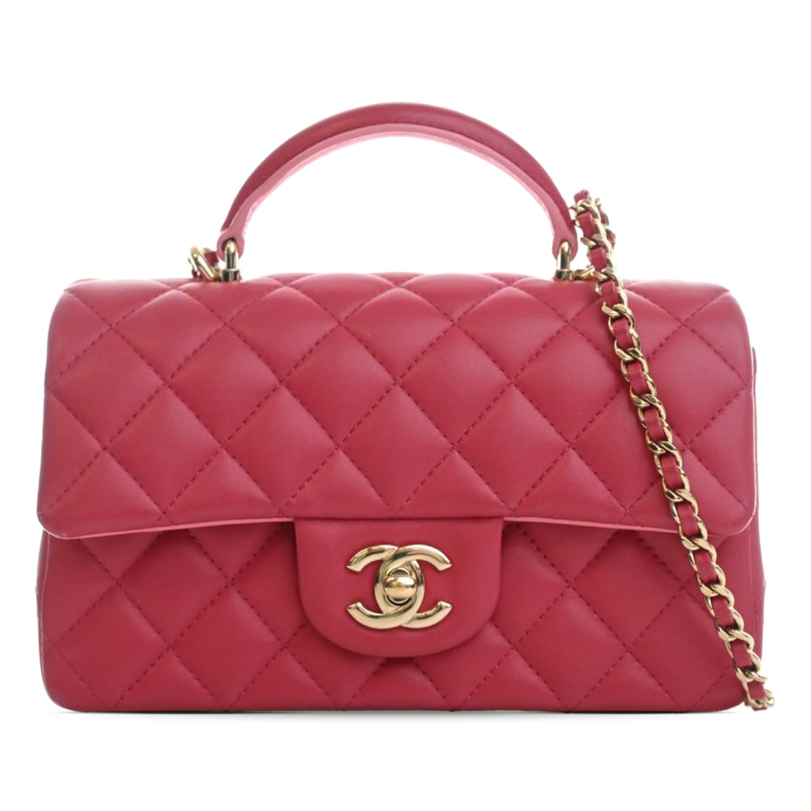 Chanel Red Lambskin Mini Rectangular Top Handle Satchel: Chanel Red Lambskin Mini Rectangular Top Handle Satchel This Chanel Mini Rectangular Classic Top Handle Flap bag is crafted from quilted lambskin leather in red. It features a rolled leather handle, a