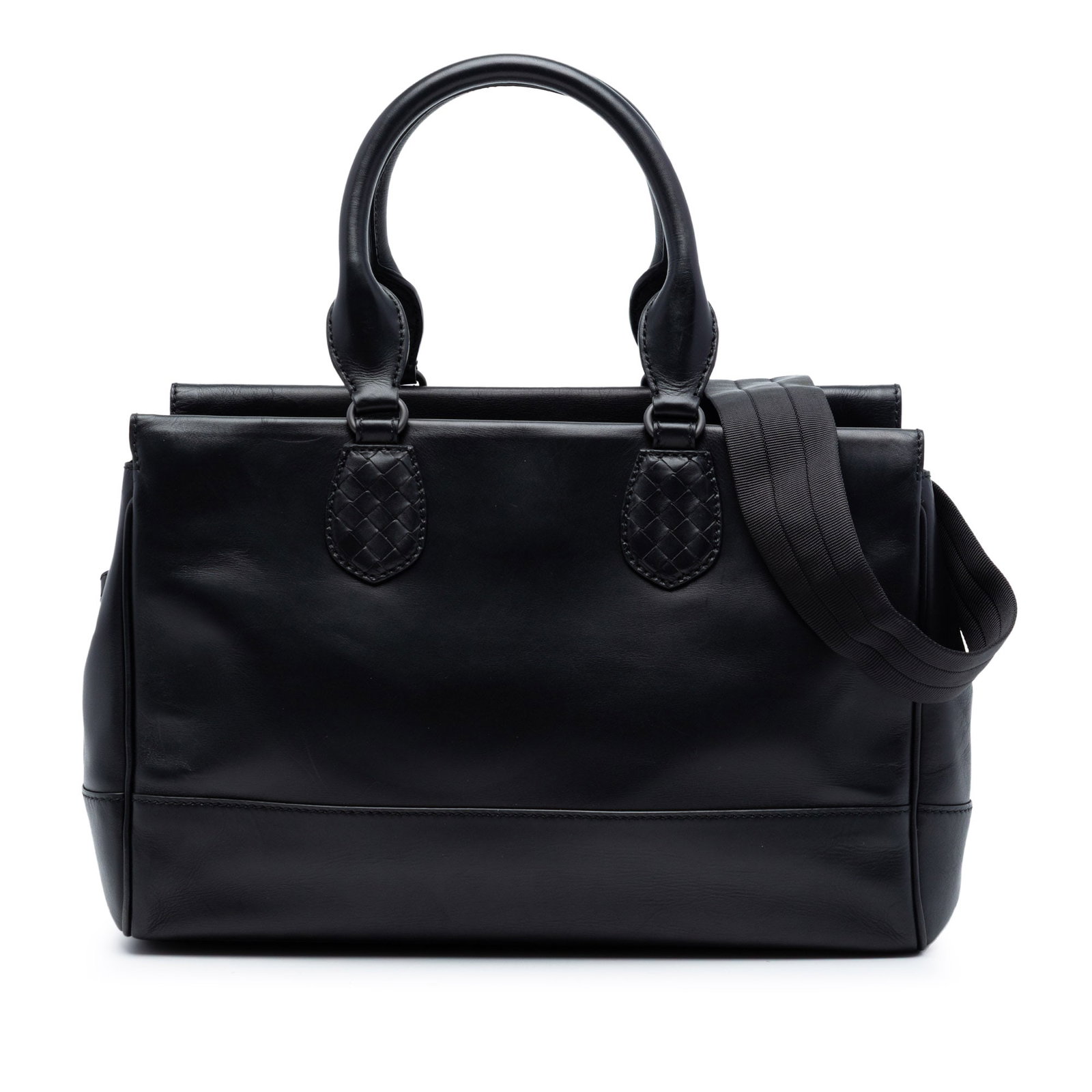 Bottega Veneta Ducale Black Leather Satchel with Intrecciato Accents: Bottega Veneta Ducale Black Leather Satchel with Intrecciato Accents This Bottega Veneta Intrecciato Trimmed Leather Ducale Top Handle Bag features a black leather construction with rolled handles, an