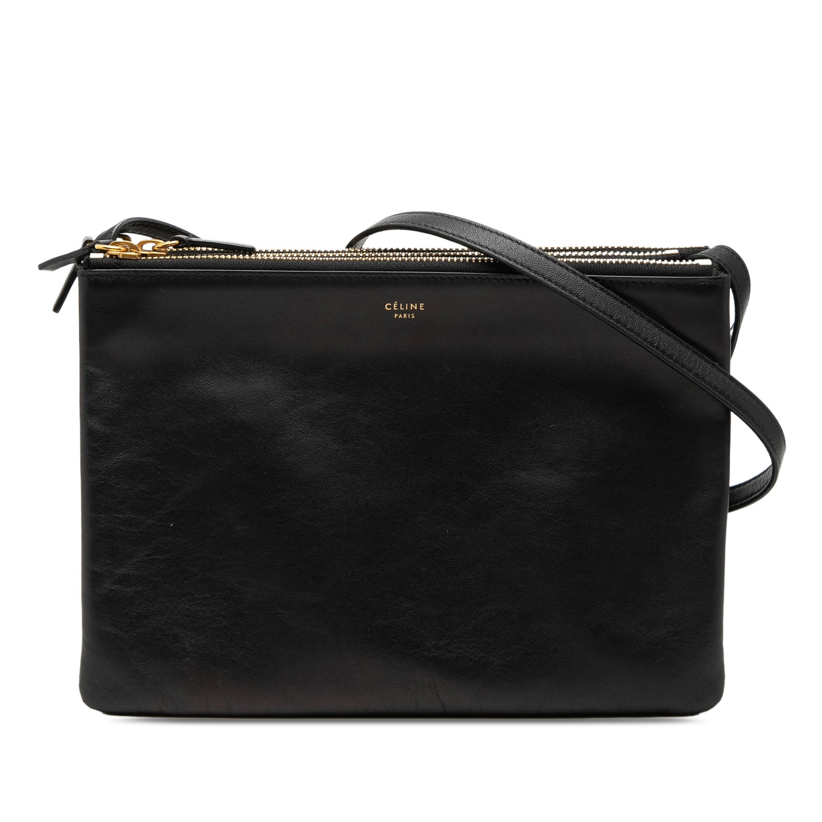 Celine Trio Black Lambskin Crossbody Bag: Celine Trio Black Lambskin Crossbody Bag This Celine Large Lambskin Trio Crossbody features a luxurious lambskin leather body in black, complemented by a flat leather shoulder strap and three top zip 