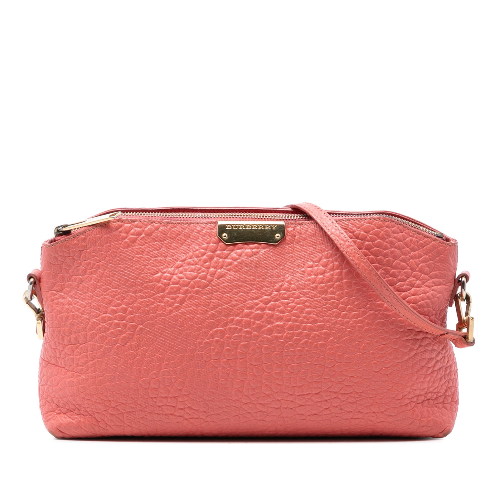Burberry Chichester Pink Embossed Leather Small Grain Crossbody Bag: Burberry Chichester Pink Embossed Leather Small Grain Crossbody Bag This Burberry Chichester crossbody features a small grain check embossed leather exterior in pink, complemented by an adjustable fla