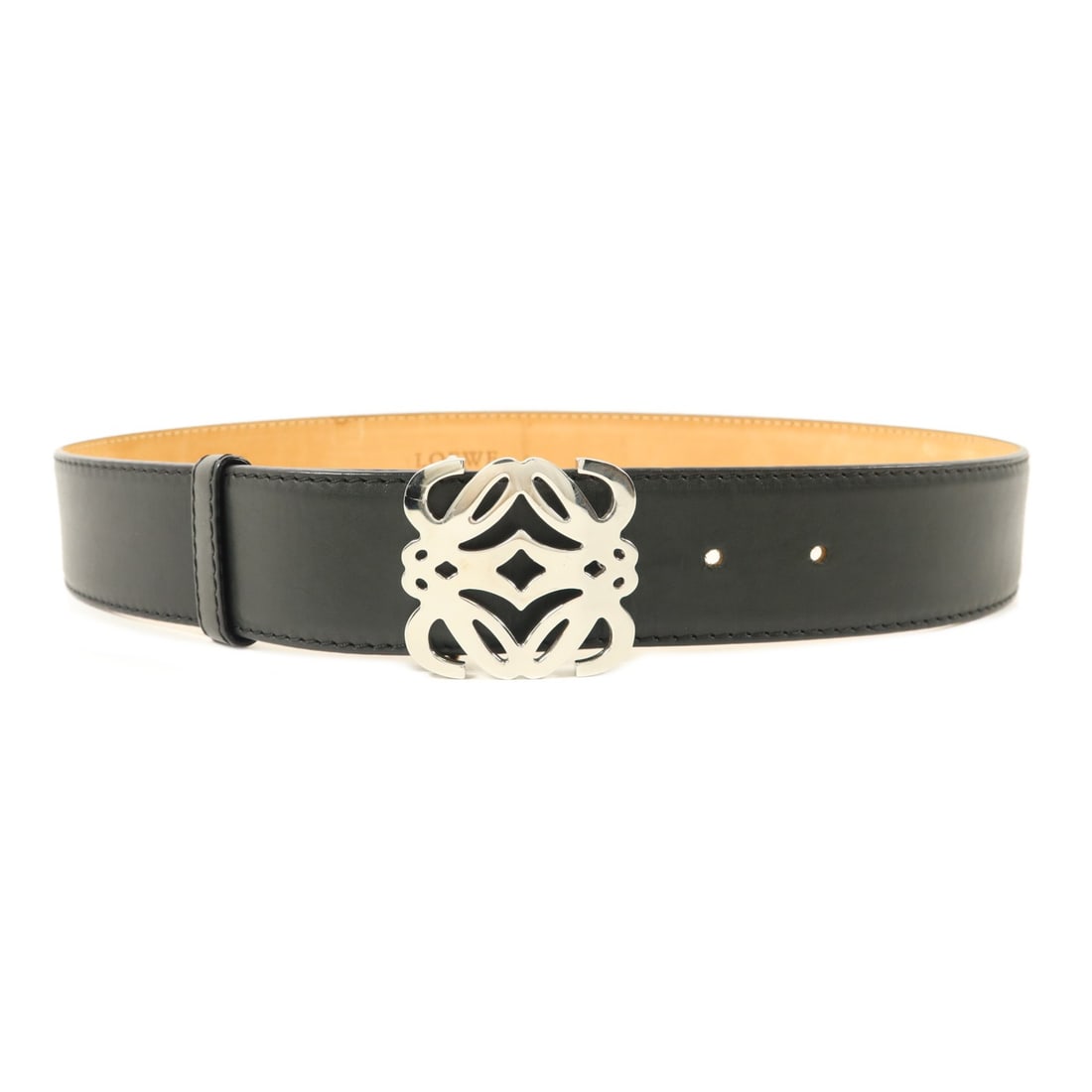 LOEWE Anagram black calfskin men's belt size 80: LOEWE Anagram black calfskin men's belt size 80 This LOEWE Anagram belt is crafted from black calfskin leather and features silver-tone hardware. Designed for men, it is a size 80 and offers a classic
