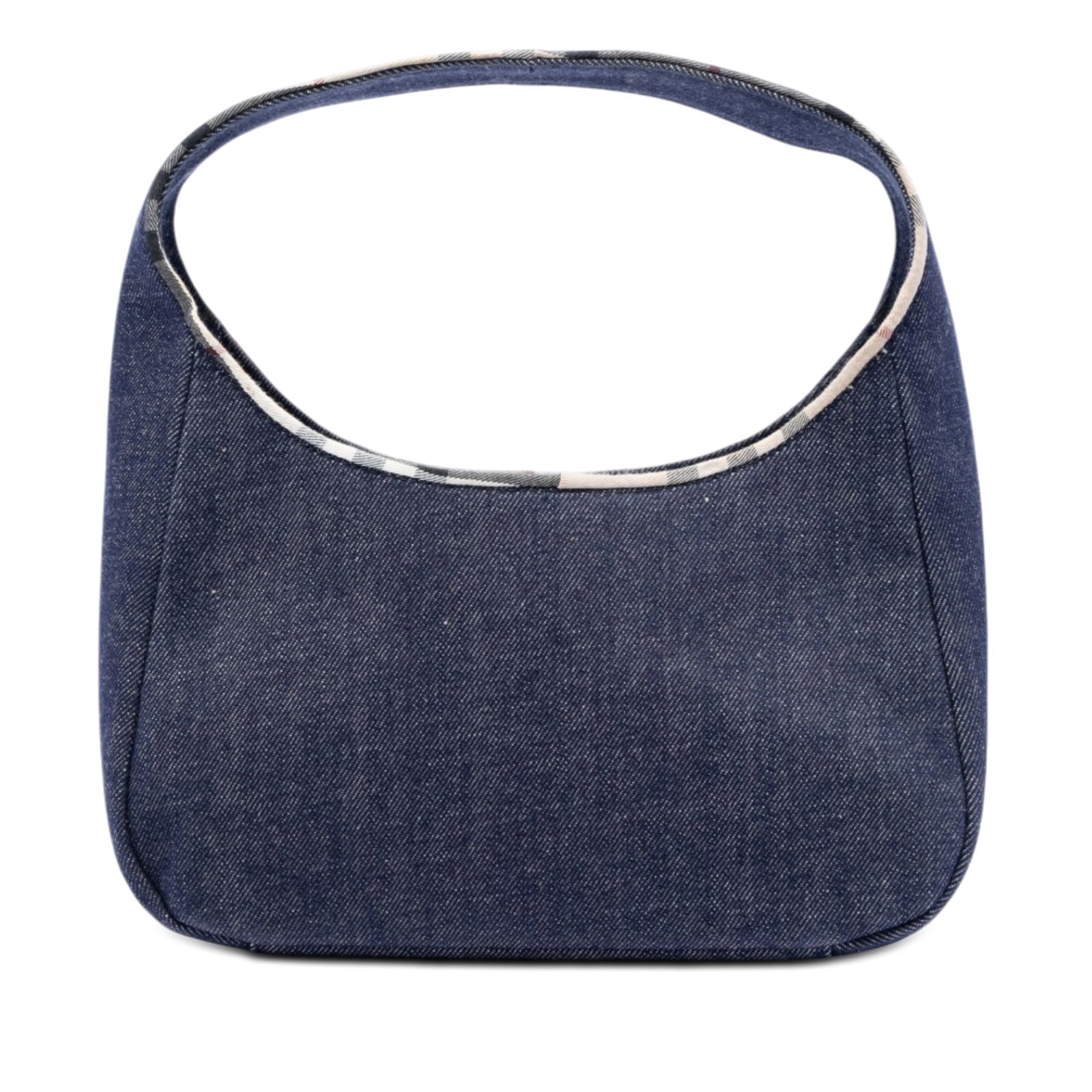 Burberry denim handbag with House Check canvas trim: Burberry denim handbag with House Check canvas trim This Burberry House Check Canvas Trimmed Denim Handbag features a denim body with the brand's iconic check canvas trim. It is designed with a flat h