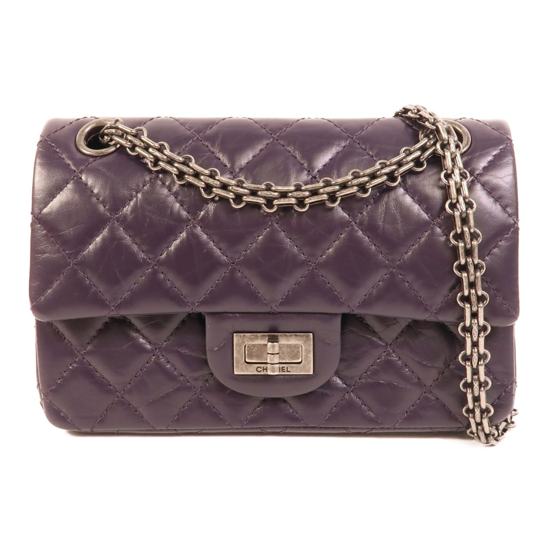 CHANEL 2.55 CC Purple Calfskin Shoulder Bag Mini: CHANEL 2.55 CC Purple Calfskin Shoulder Bag Mini This CHANEL 2.55 Mini Shoulder Bag is crafted from luxurious purple calfskin leather and features the iconic CC logo. Designed as a classic shoulder ba