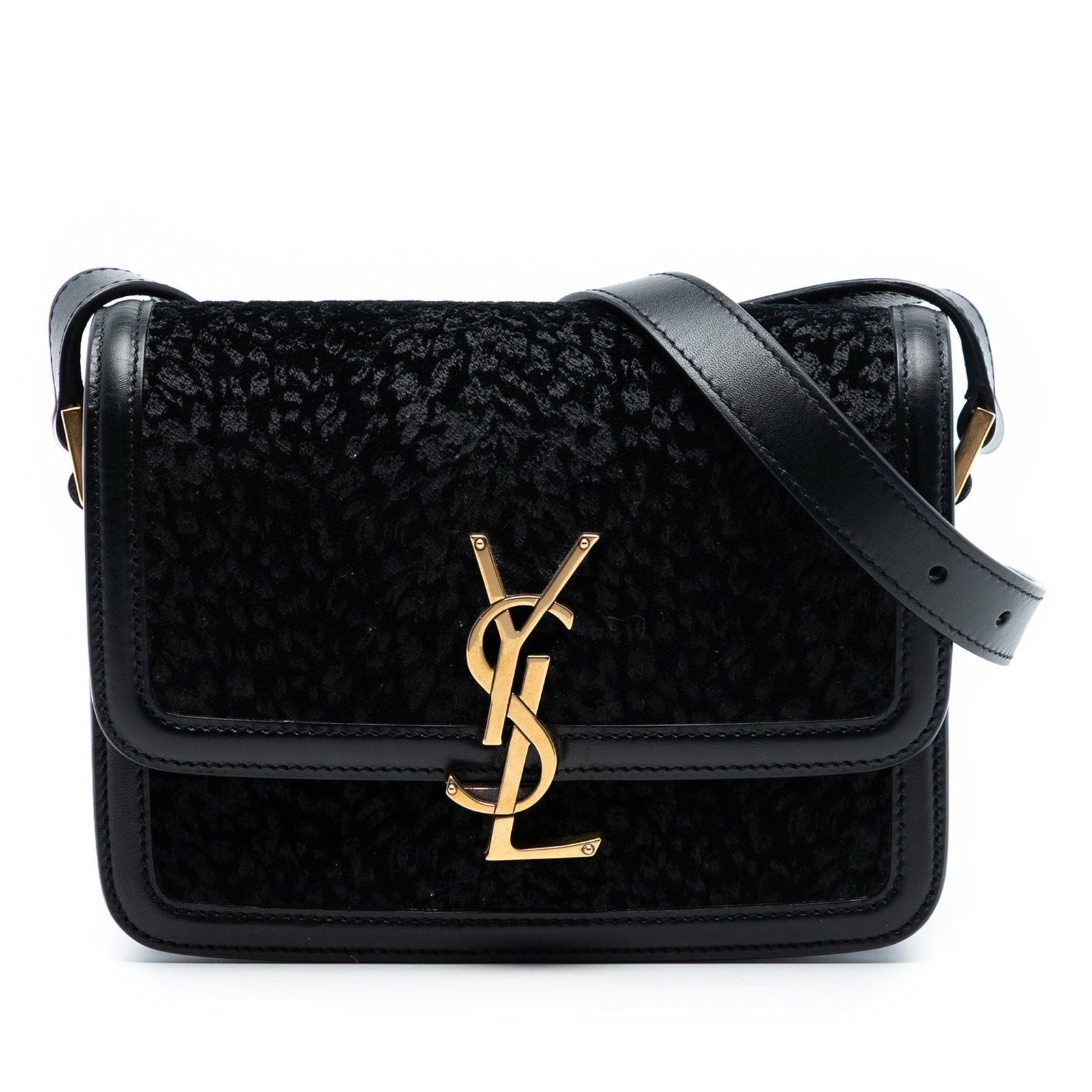 Saint Laurent Solferino Small Black Velvet Satchel with Leather Trim: Saint Laurent Solferino Small Black Velvet Satchel with Leather Trim This Saint Laurent Small Velvet Solferino Satchel features a luxurious velvet body with leather trim, an adjustable flat leather st