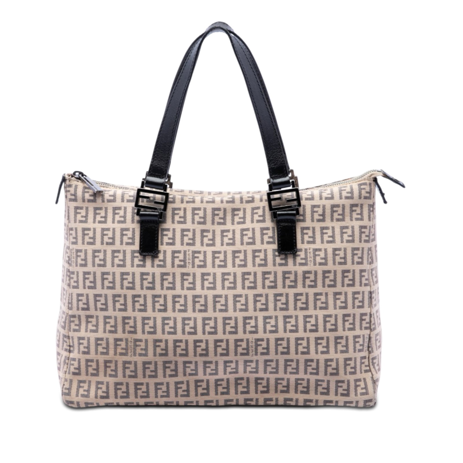 Fendi Zucchino beige canvas zip tote with leather handles: Fendi Zucchino beige canvas zip tote with leather handles This Fendi Zucchino Canvas Tote features a beige fabric body with flat leather handles, a top zip closure, and an interior slip pocket. The ba