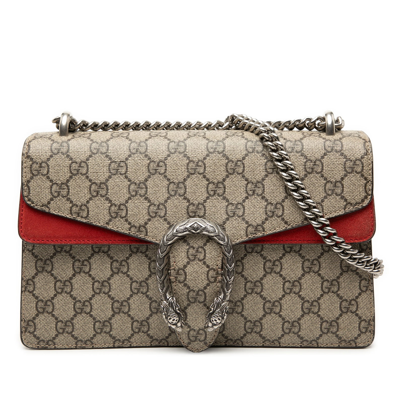 Gucci Dionysus Medium GG Supreme Beige Crossbody Bag with Suede Trim: Gucci Dionysus Medium GG Supreme Beige Crossbody Bag with Suede Trim This Gucci Medium GG Supreme Dionysus Crossbody features a coated canvas body with suede leather trim, a silver-tone chain strap, a