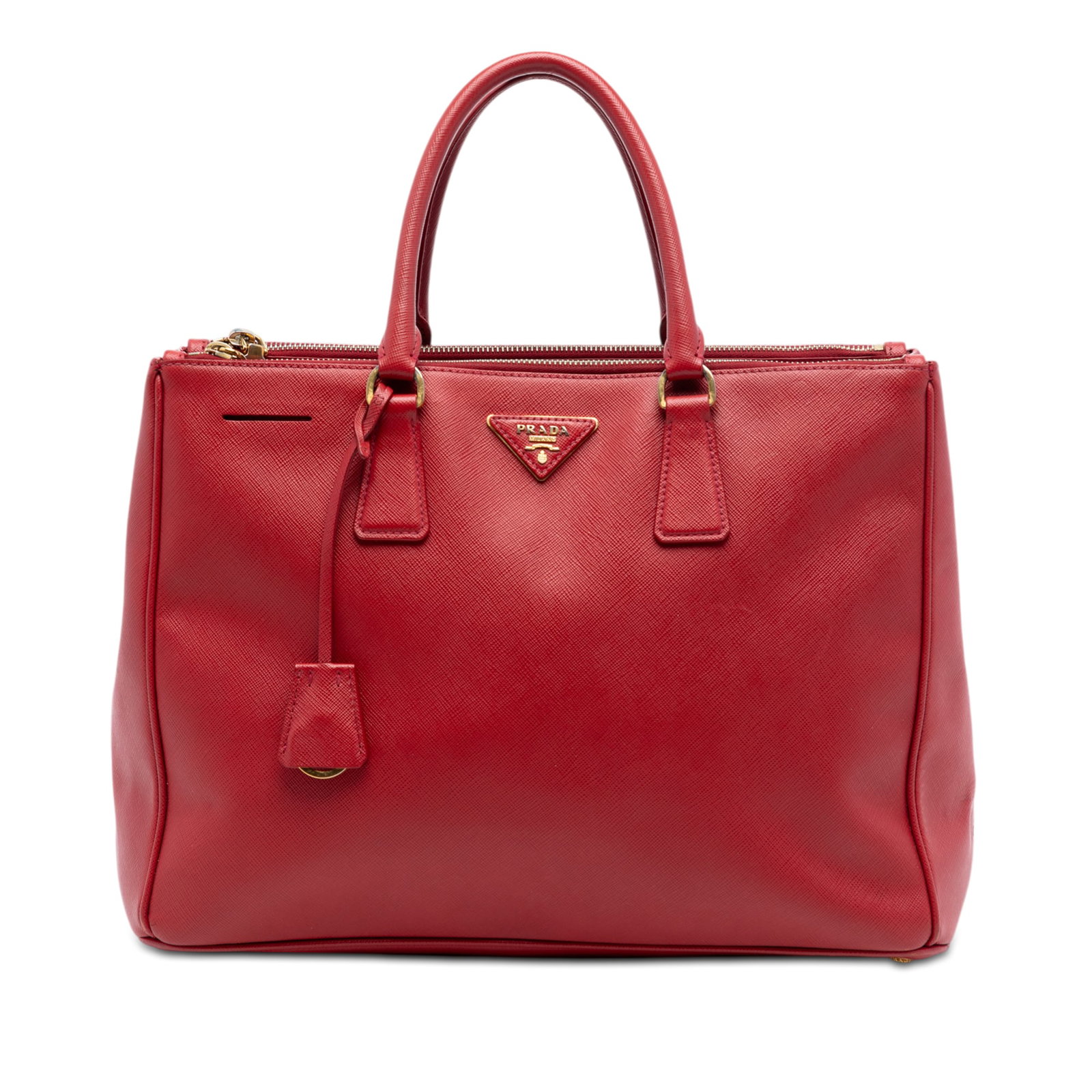 Prada Galleria red saffiano leather double zip satchel: Prada Galleria red saffiano leather double zip satchel This Prada Large Saffiano Lux Galleria Double Zip Satchel is crafted from saffiano leather in a striking red color. It features rolled leather ha