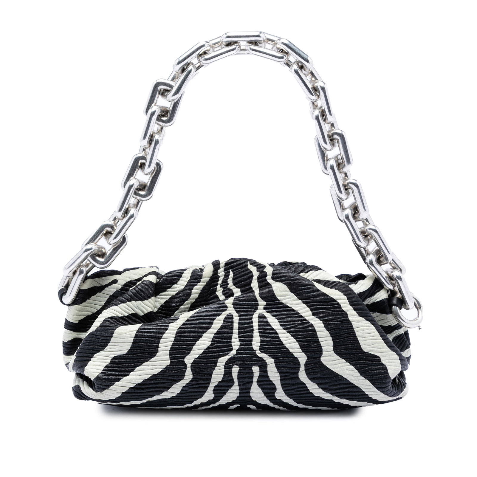 Bottega Veneta Zebra Pattern Nappa Leather Shoulder Bag with Chain Strap: Bottega Veneta Zebra Pattern Nappa Leather Shoulder Bag with Chain Strap This shoulder bag features a textured nappa leather body with a striking zebra print, complemented by a chain-link strap and a 