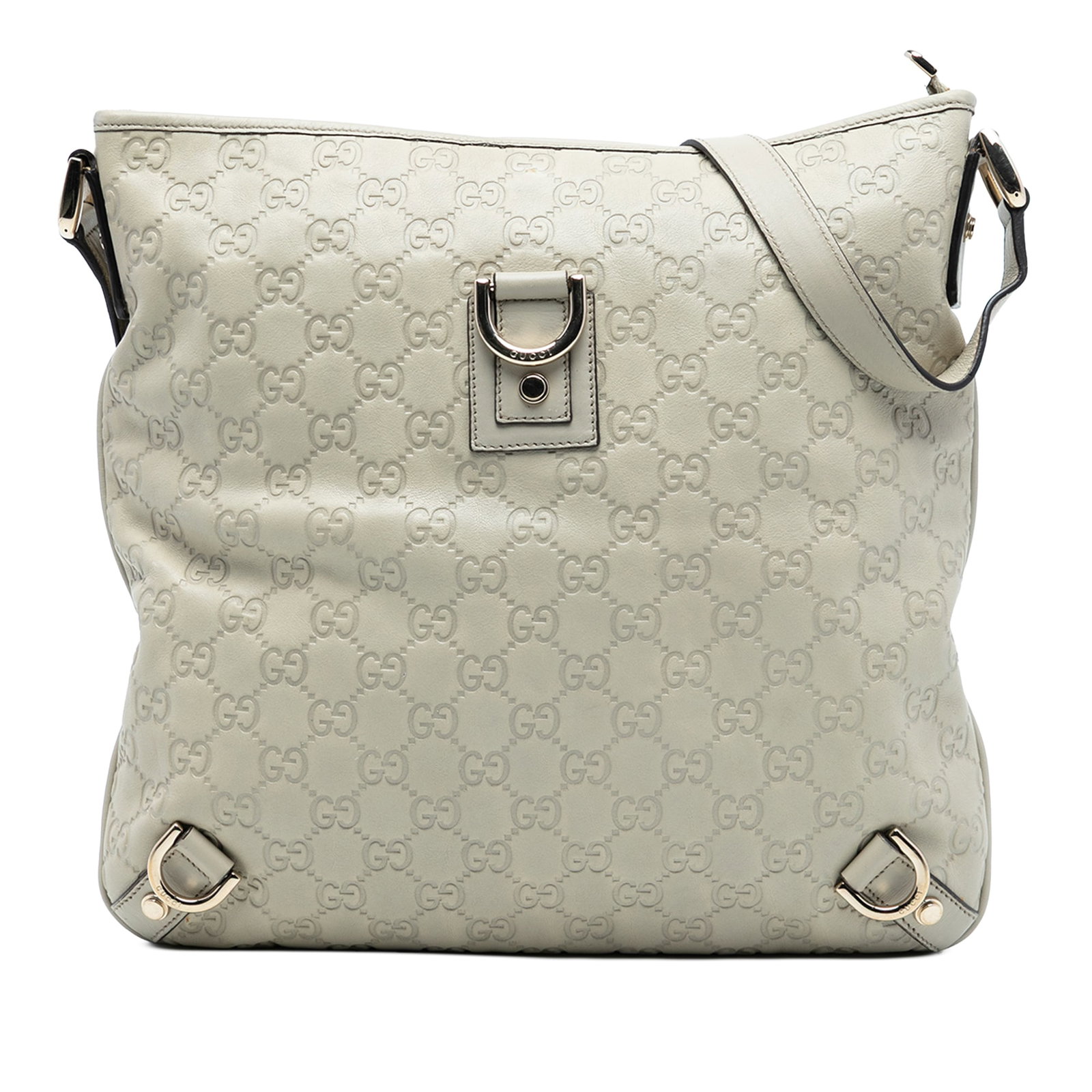 Gucci Abbey D Ring White Leather Crossbody Bag: Gucci Abbey D Ring White Leather Crossbody Bag This Gucci Guccissima Abbey D Ring Crossbody bag features a white leather body with a flat leather strap, a top zip closure, and an interior zip pocket. 