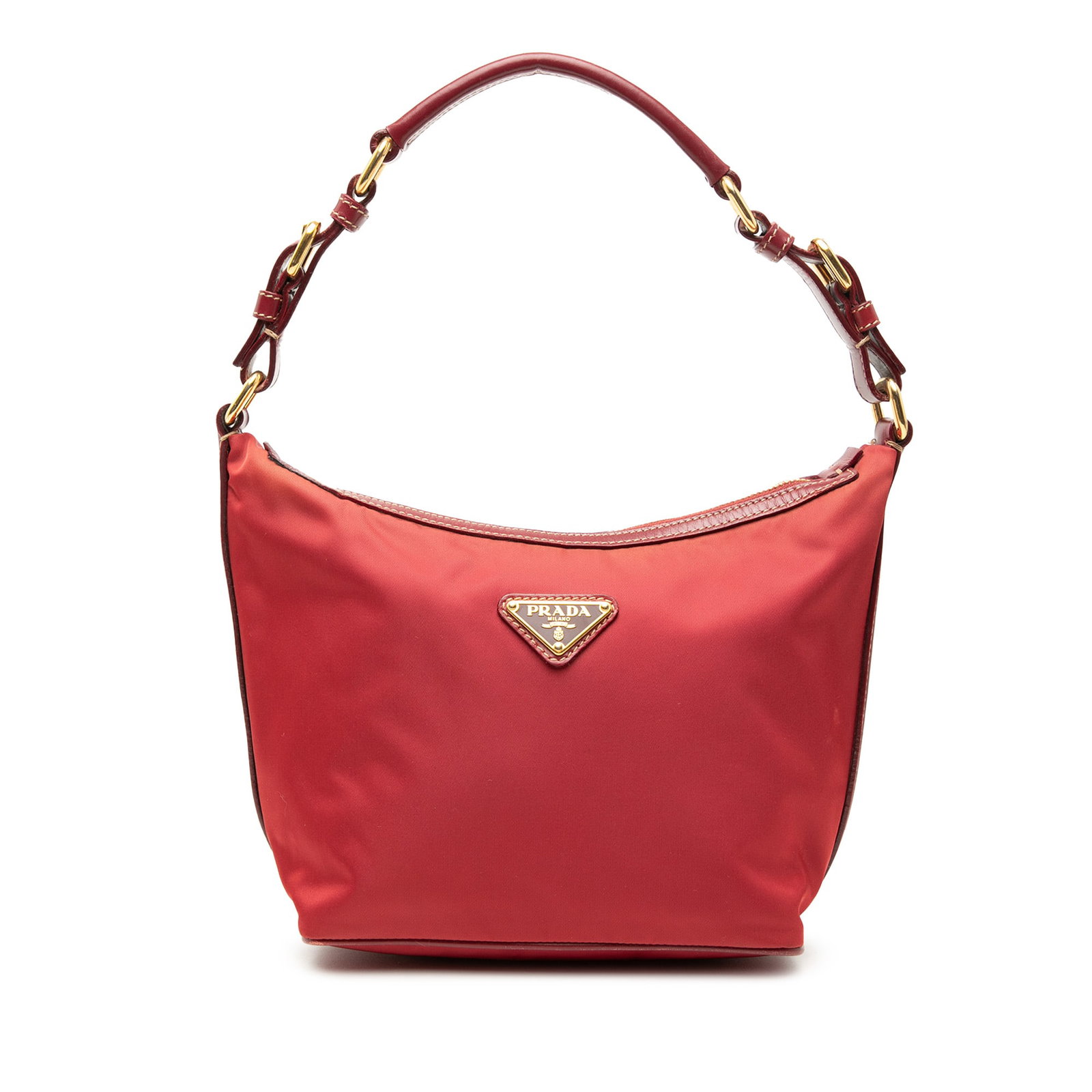 Prada Tessuto red nylon shoulder bag with leather trim: Prada Tessuto red nylon shoulder bag with leather trim This Prada Tessuto Shoulder Bag features a red nylon body with leather trim, a flat leather strap, a top zip closure, and an interior zip pocket.