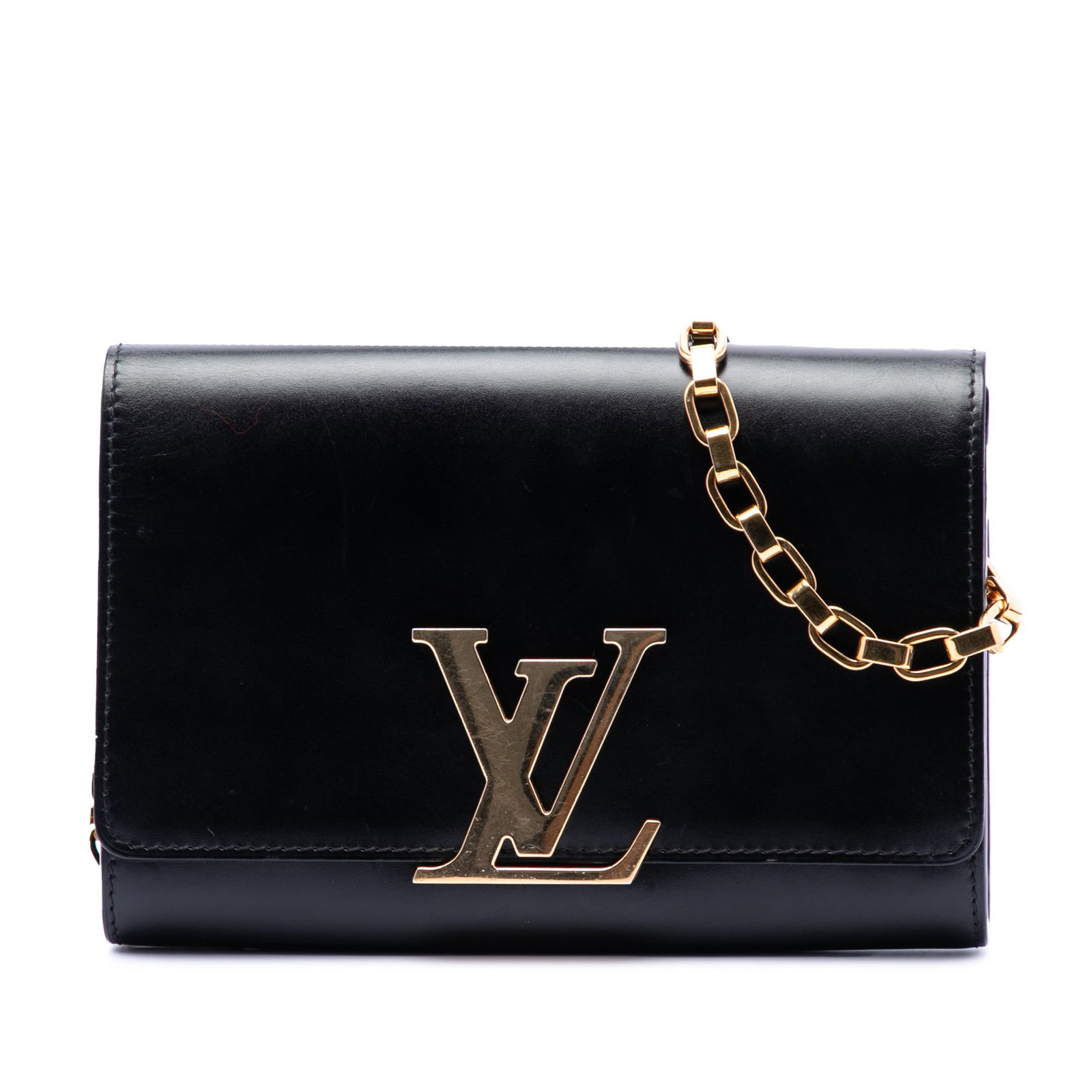 Louis Vuitton Louise Chain GM Black Leather Shoulder Bag: Louis Vuitton Louise Chain GM Black Leather Shoulder Bag This Louis Vuitton Louise Chain GM bag features a black leather body with a gold-tone chain strap and a front flap secured by a magnetic snap b