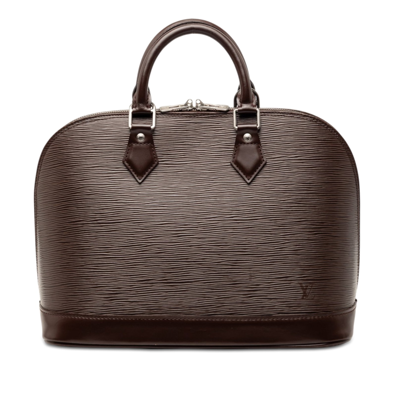Louis Vuitton Alma PM Epi Leather Brown Handbag: Louis Vuitton Alma PM Epi Leather Brown Handbag This Louis Vuitton Epi Alma PM features a structured brown epi leather body with rolled leather handles and a top zip closure. The interior includes a s
