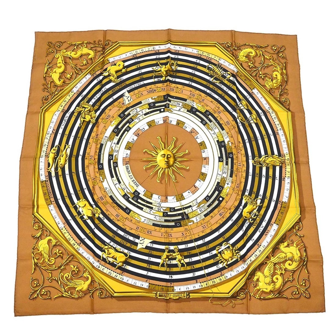 Hermes Brown Silk Carre 90 Square Scarf Dies et Hore: Hermes Brown Silk Carre 90 Square Scarf Dies et Hore This Hermes Carre 90 "Dies et Hore" scarf is crafted in luxurious brown silk. Designed in a classic square shape, it measures 35 inches in length a