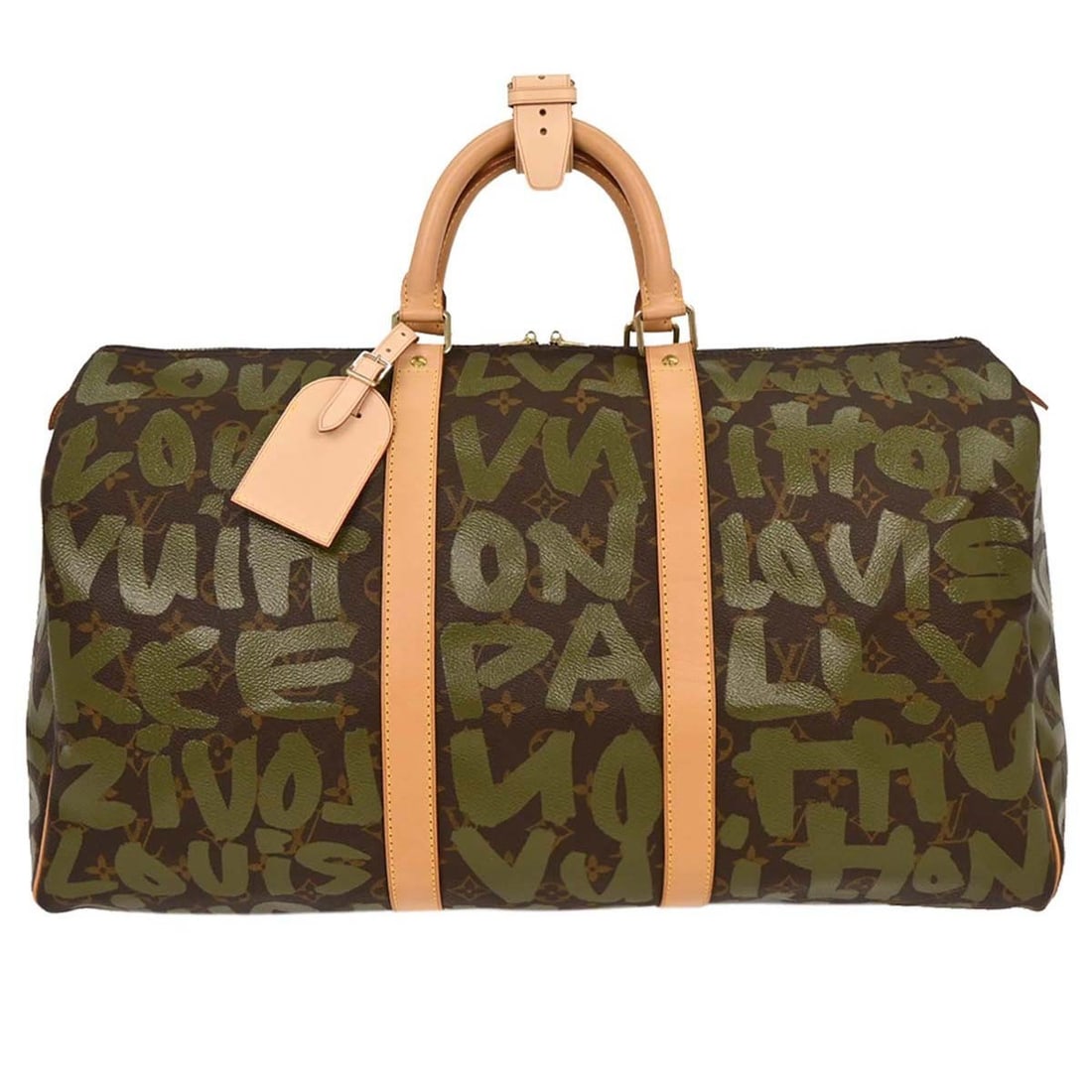 Louis Vuitton Keepall 50 Khaki Graffiti Monogram Duffle Bag: Louis Vuitton Keepall 50 Khaki Graffiti Monogram Duffle Bag This Louis Vuitton Keepall 50 Duffle Bag features the iconic Monogram Graffiti canvas in khaki, accented with the signature logo. Designed f