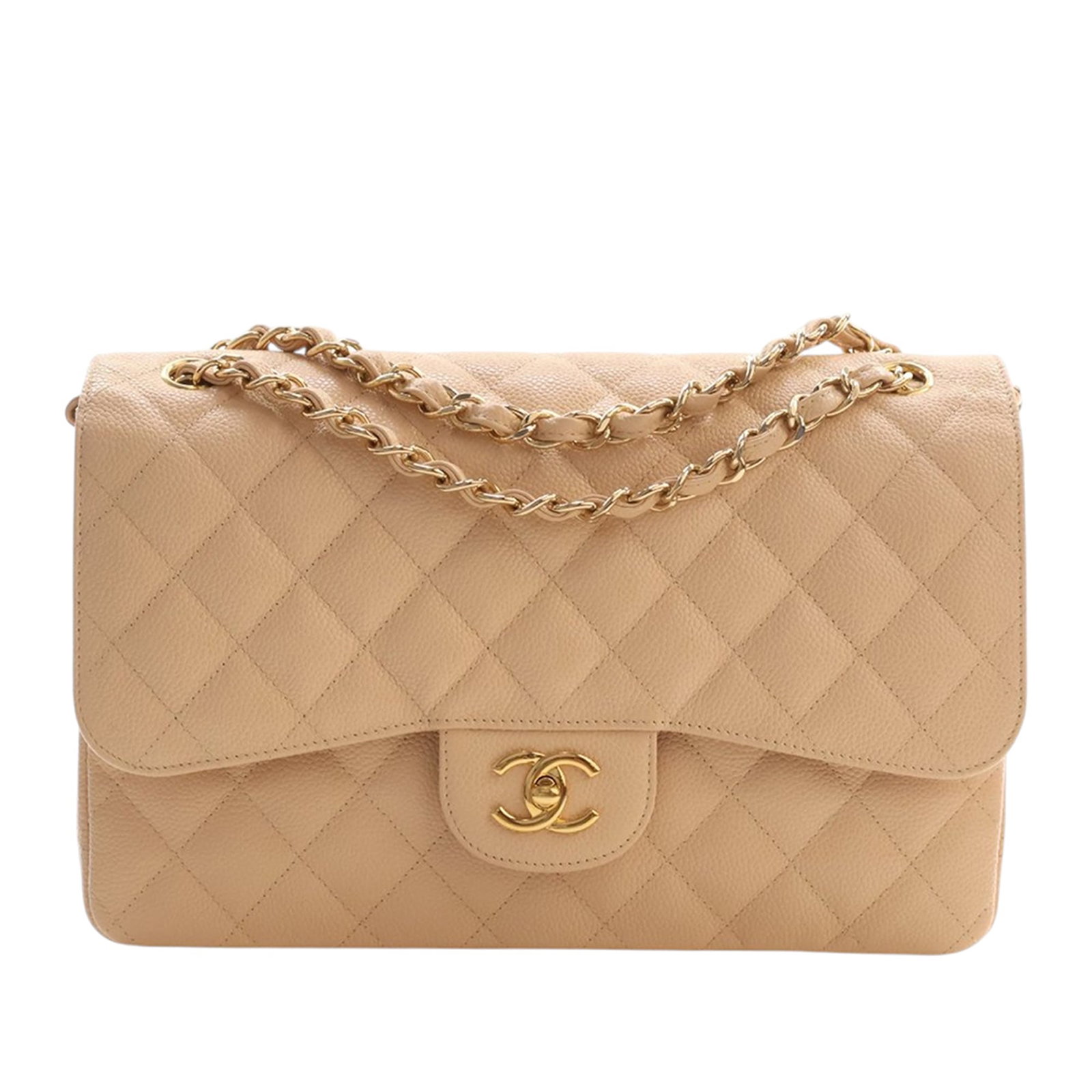 Chanel beige caviar leather jumbo flap shoulder bag: Chanel beige caviar leather jumbo flap shoulder bag This Chanel Jumbo Classic Caviar Double Flap shoulder bag is crafted from quilted beige caviar leather and features leather-woven chain straps, doub