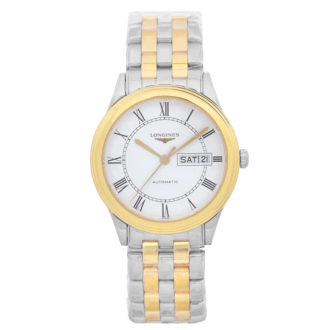Longines Flagship Automatic 38.5mm Stainless Steel Gold Bezel White Dial Watch L4.899.3.21.7: Longines Flagship Automatic 38.5mm Stainless Steel Gold Bezel White Dial Watch L4.899.3.21.7 The Longines Flagship is a sophisticated automatic wristwatch featuring a polished stainless steel case wit