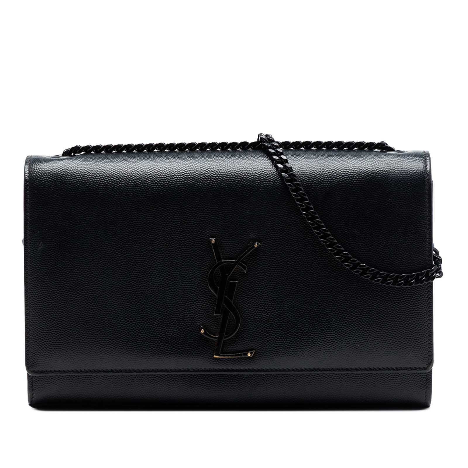 Saint Laurent Kate Black Leather Monogram Crossbody Bag: Saint Laurent Kate Black Leather Monogram Crossbody Bag This medium Kate crossbody bag is crafted from black leather and features a chain link shoulder strap, a front flap with a metal YSL logo and ma
