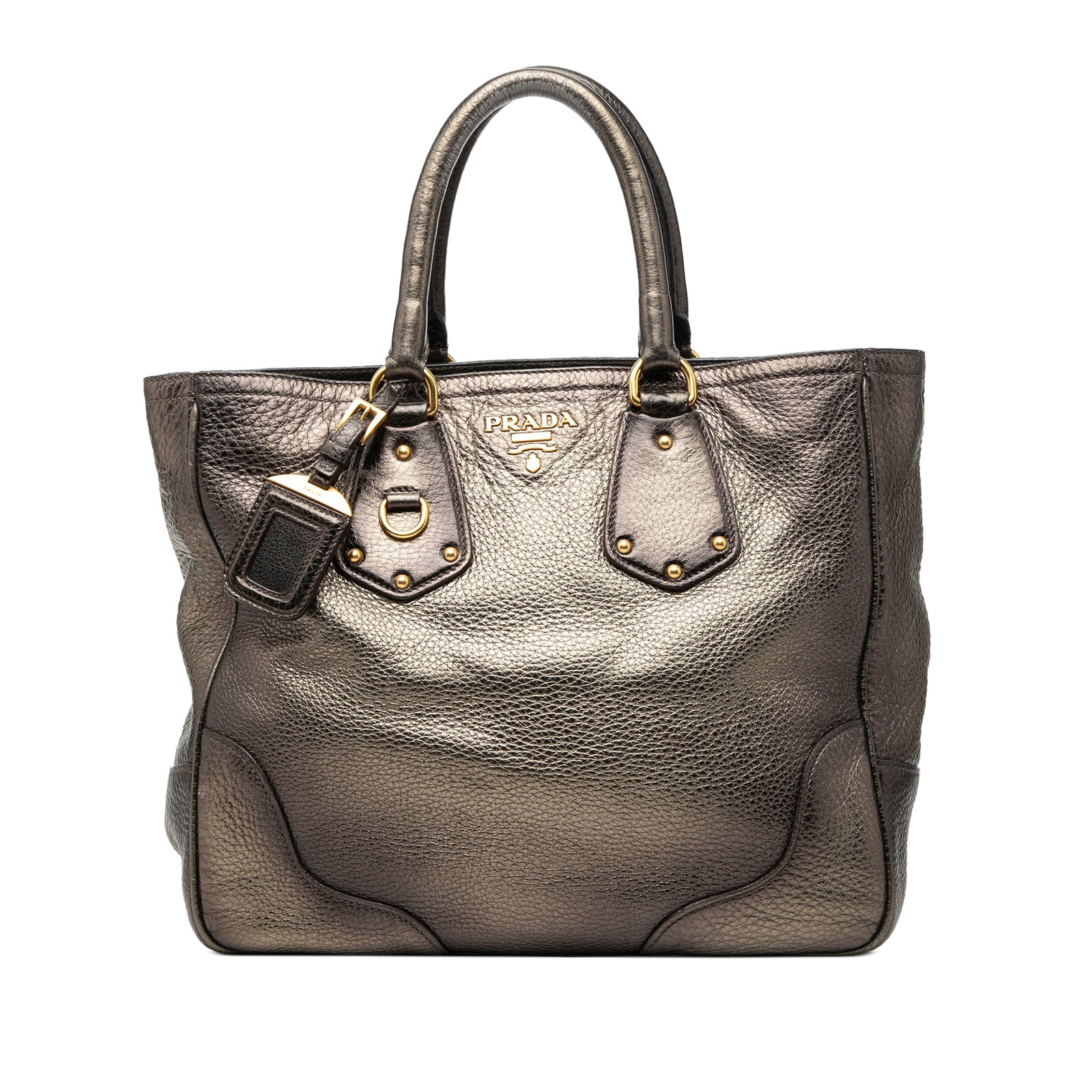 Brown Leather Tote Prada Vitello Daino Antik Metallic Effect Handbag: Brown Leather Tote Prada Vitello Daino Antik Metallic Effect Handbag This Prada Vitello Daino Antik Shopping Tote is crafted from metallic effect leather in brown and features rolled leather handles. 