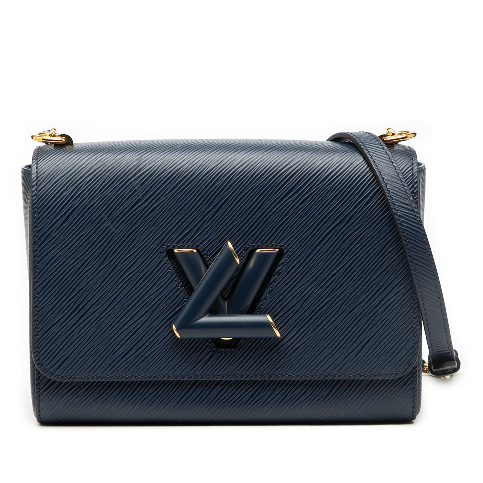 Blue Epi Leather Twist MM Shoulder Bag by Louis Vuitton: Blue Epi Leather Twist MM Shoulder Bag by Louis Vuitton This Louis Vuitton Epi Twist MM bag features a blue epi leather body with a distinctive textured finish. It is designed with a leather-woven cha