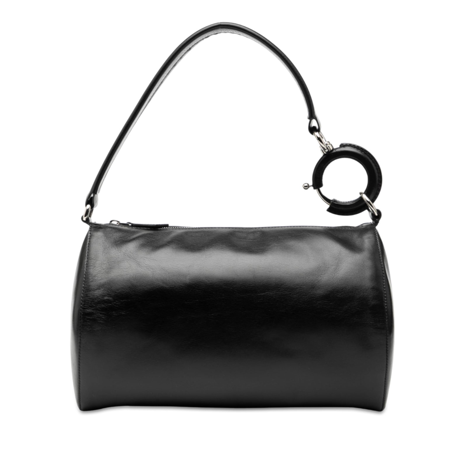 Black Rhombi Leather Shoulder Bag by Burberry with Zip Closure: Black Rhombi Leather Shoulder Bag by Burberry with Zip Closure This Burberry Rhombi shoulder bag features a black leather body with a flat leather shoulder strap and a top zip closure. The interior in