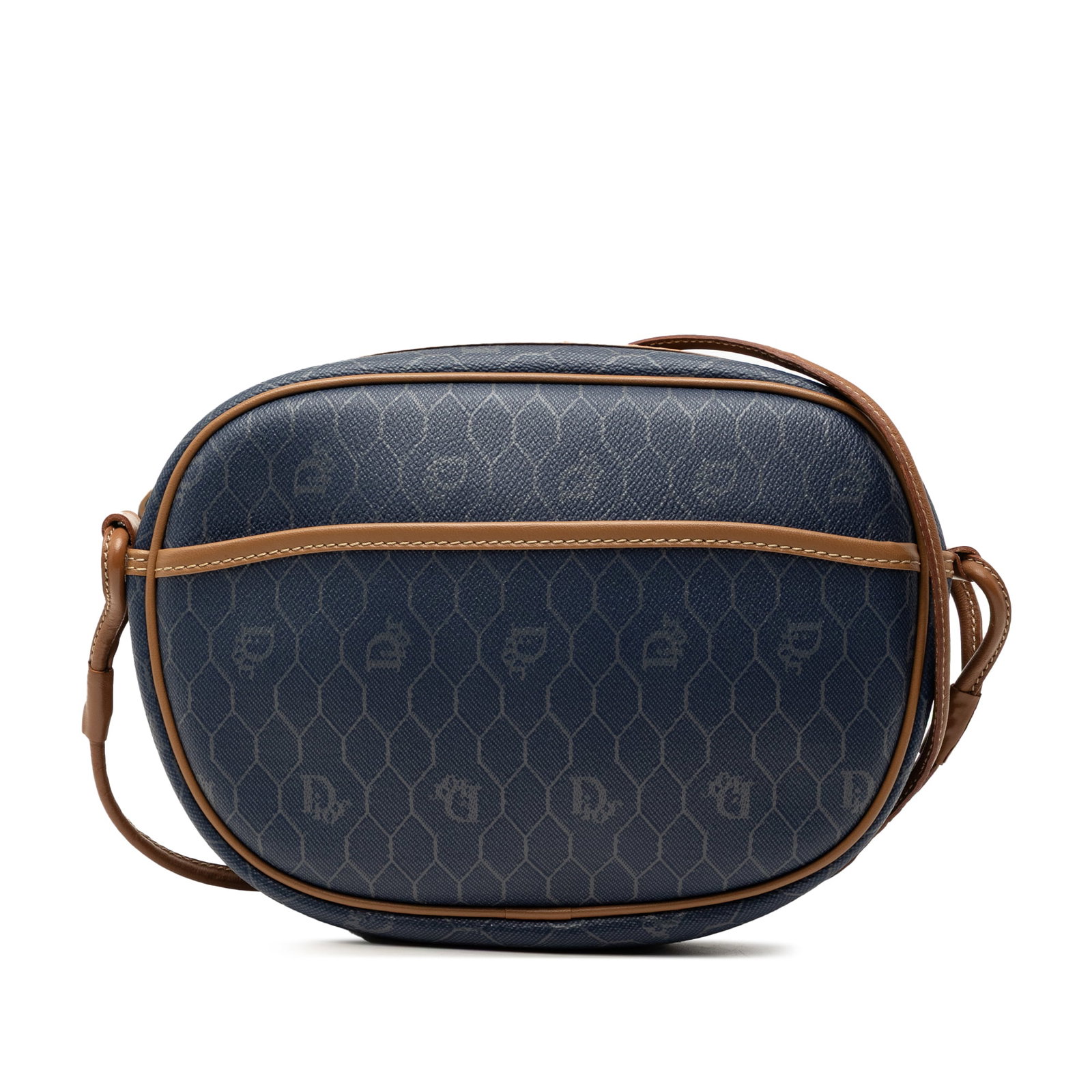 Dior Honeycomb Coated Canvas Blue Crossbody Bag: Dior Honeycomb Coated Canvas Blue Crossbody Bag This Dior Honeycomb crossbody bag features a blue coated canvas body accented with leather trim. It is designed with a flat leather strap, a top zip clo