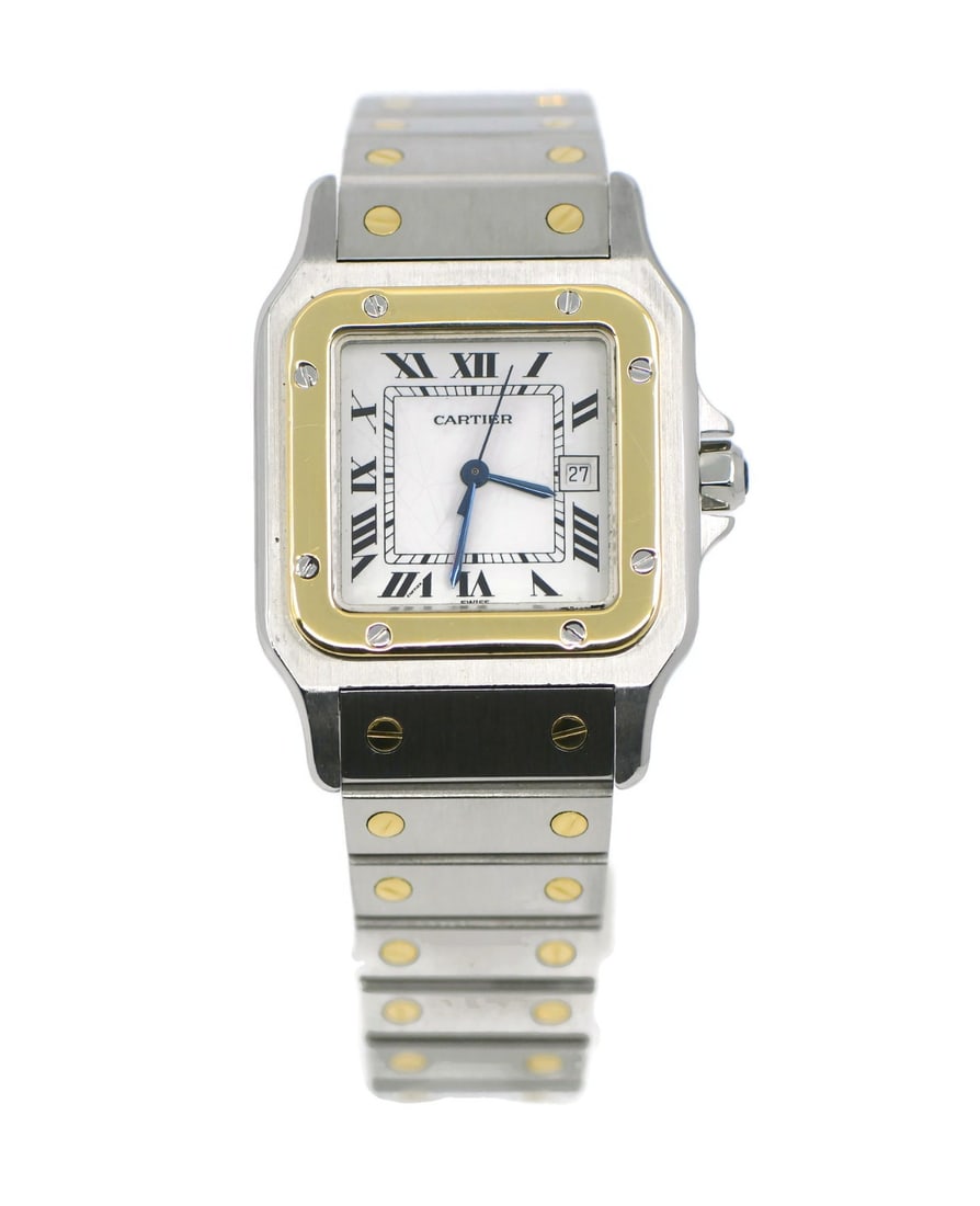 Cartier Santos Galbee Automatic Square Wristwatch 18K Steel: Cartier Santos Galbee Automatic Square Wristwatch 18K Steel This Cartier Santos Galbee wristwatch features a square case crafted from stainless steel with an 18K gold bezel. The watch has a white dial