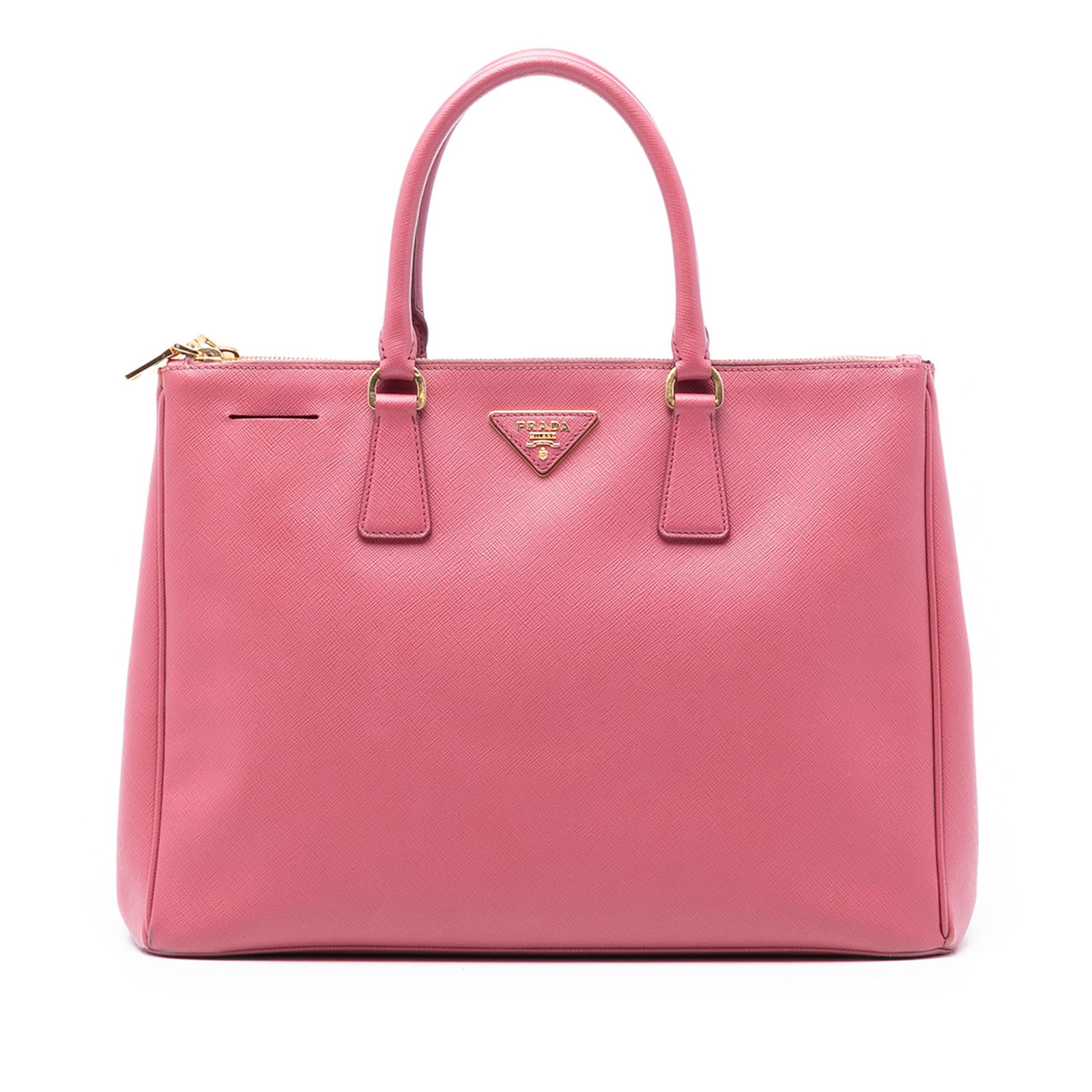 Prada Galleria Medium Saffiano Leather Pink Double Zip Satchel Tote Bag: Prada Galleria Medium Saffiano Leather Pink Double Zip Satchel Tote Bag This Prada Medium Saffiano Lux Galleria Double Zip Tote is crafted from pink saffiano leather and features rolled leather handle