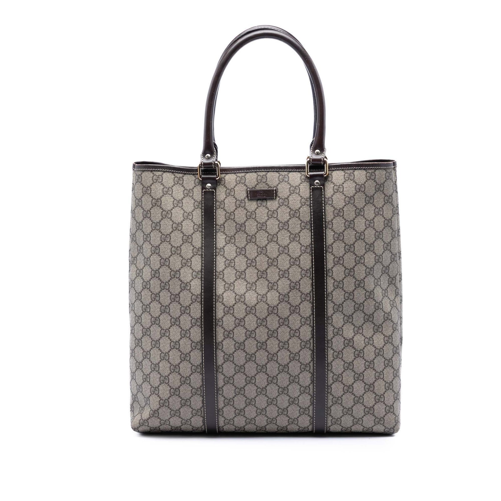 Gucci GG Supreme Joy Vertical Tote Bag: Gucci GG Supreme Joy Vertical Tote Bag This Gucci GG Supreme Joy Vertical Tote showcases a beige coated canvas body with leather trim and rolled leather handles. The bag features an open top with a ma