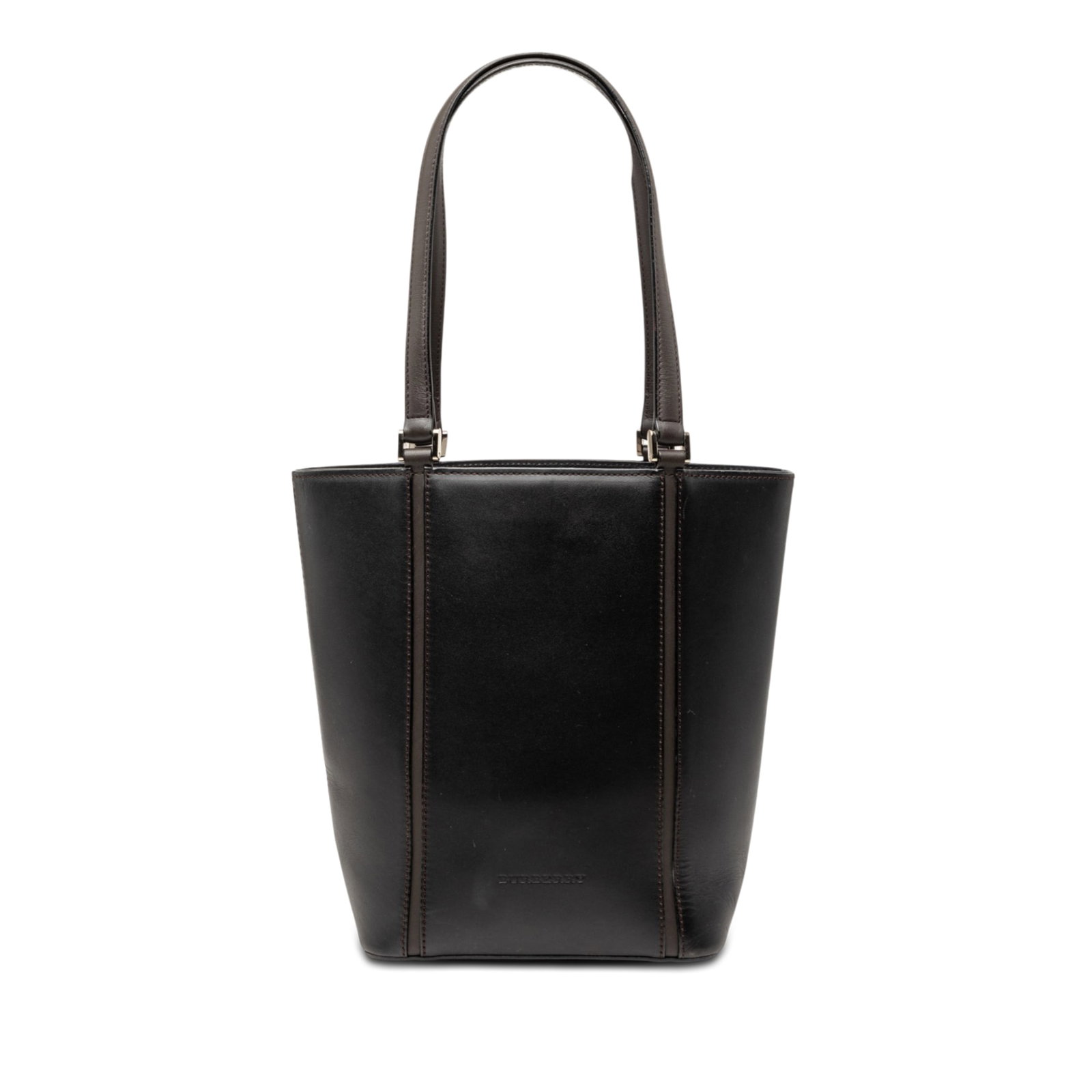 Black Leather Tote Bag by Burberry with Interior Slip Pockets: Black Leather Tote Bag by Burberry with Interior Slip Pockets This Burberry tote bag features a black leather body with flat leather straps, an open top design, and interior slip pockets. The bag show