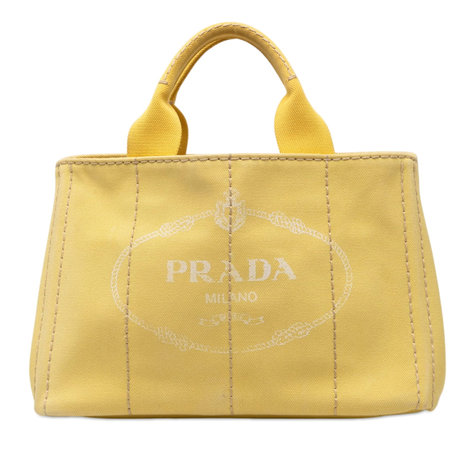 Prada Canapa Logo Canvas Satchel Bag: Prada Canapa Logo Canvas Satchel Bag This Prada Small Canvas Canapa Logo Satchel features a yellow canvas body with rolled canvas handles, an open top with side snap closures, and interior zip and sli