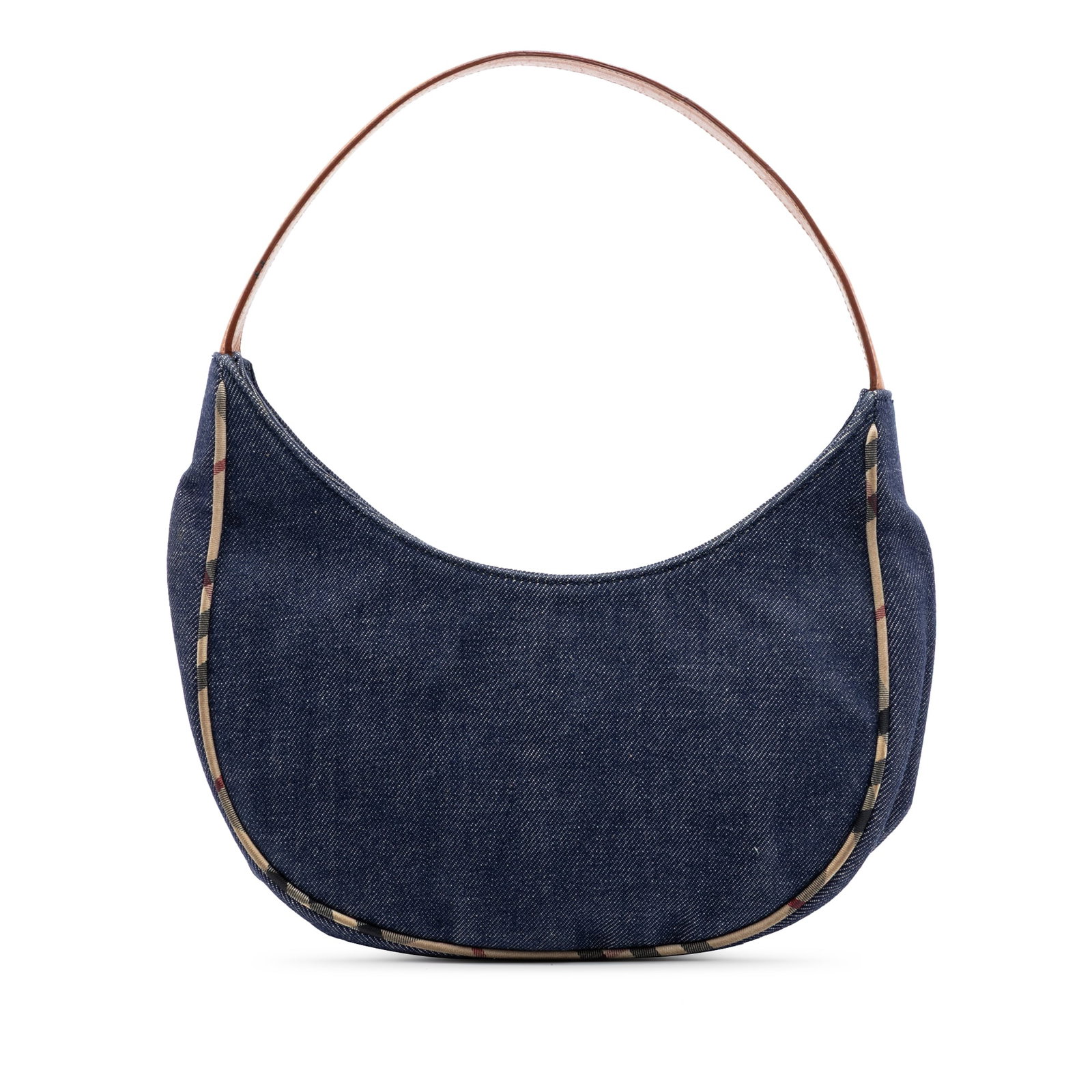 Burberry House Check Denim Shoulder Bag with Leather Strap: Burberry House Check Denim Shoulder Bag with Leather Strap This Burberry House Check Trimmed Denim Shoulder Bag features a blue denim body accented with the brand's signature House Check trim. It is d