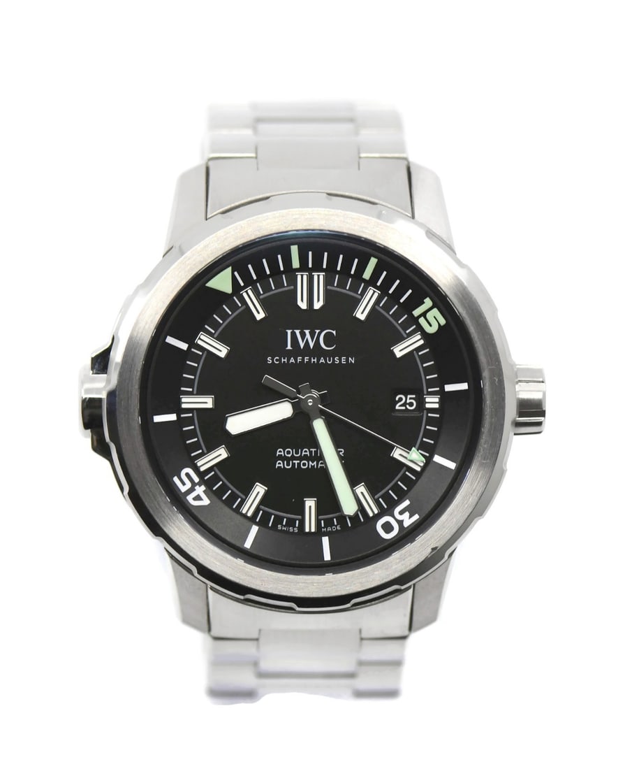 IWC Aquatimer Automatic Stainless Steel Wristwatch IW329001 with Box and Papers: IWC Aquatimer Automatic Stainless Steel Wristwatch IW329001 with Box and Papers This IWC Aquatimer wristwatch features a 44 mm stainless steel case and a black stainless steel band. Powered by an auto