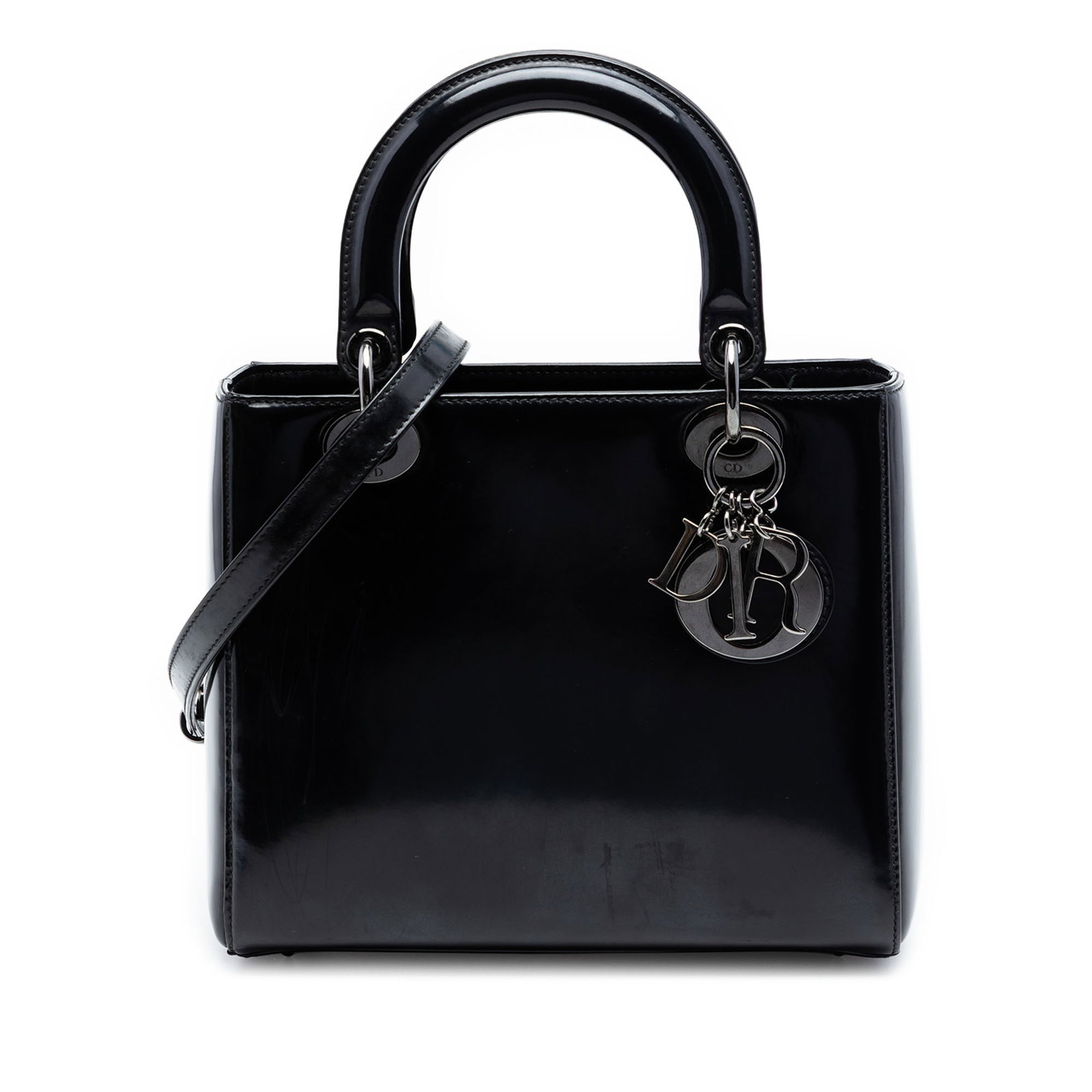 Dior Medium Patent Lady Handbag Black Leather: Dior Medium Patent Lady Handbag Black Leather This Medium Patent Lady Dior handbag features a black patent leather body with flat leather top handles and a detachable flat leather shoulder strap. It i