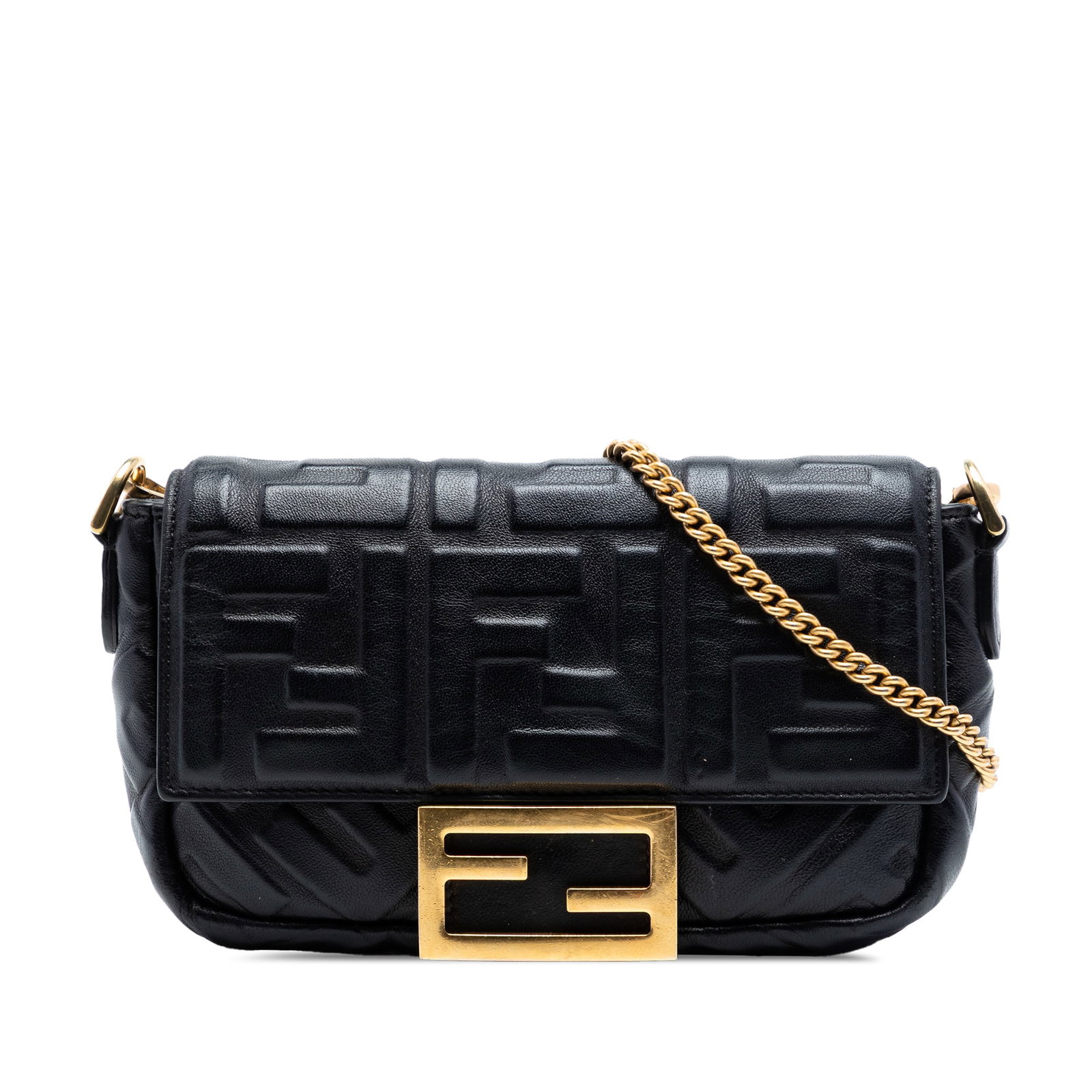 Fendi Zucca Mini Baguette Leather Satchel: Fendi Zucca Mini Baguette Leather Satchel This Fendi Mini Zucca Baguette Satchel is crafted from embossed black leather and features a detachable chain link strap with a leather guard, a front flap wi